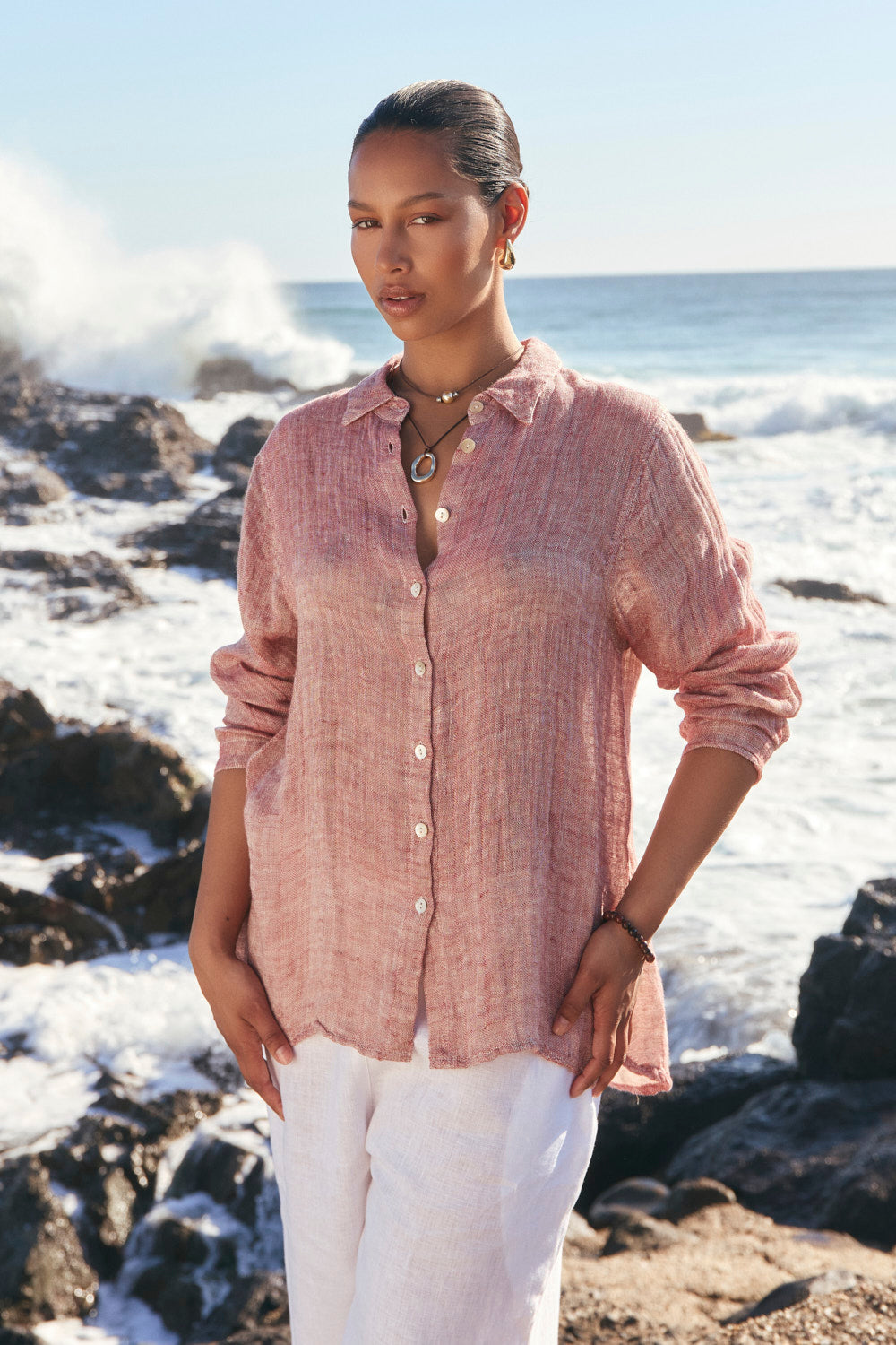 Natalia Linen Oversized Shirt in Red Tide