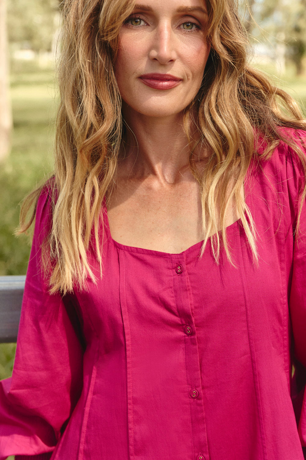 Ophelia Button Through Dress in Magenta featuring pockets and lined body, Adrift Clothing