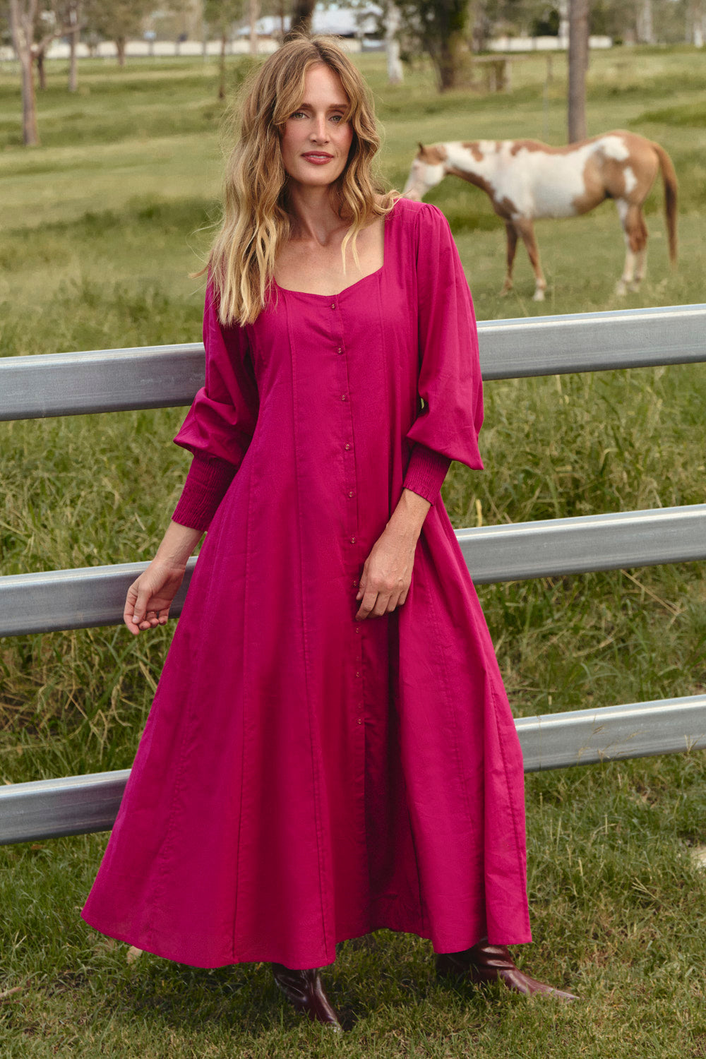 Ophelia Button Through Dress in Magenta, thoughtful panelling and delicate gathers, Adrift Clothing