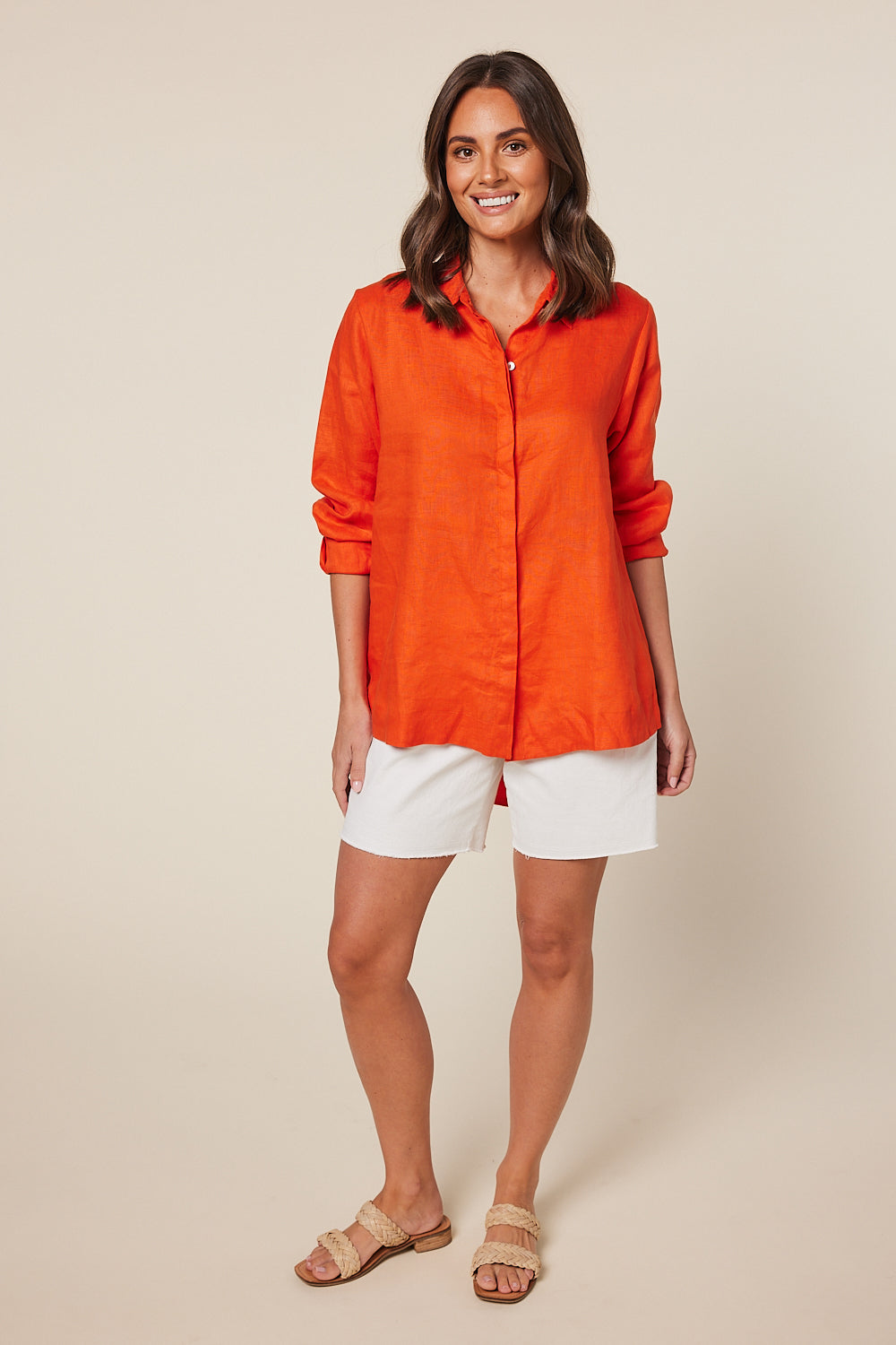 Oversized Linen Boyfriend Shirt in Tangerine