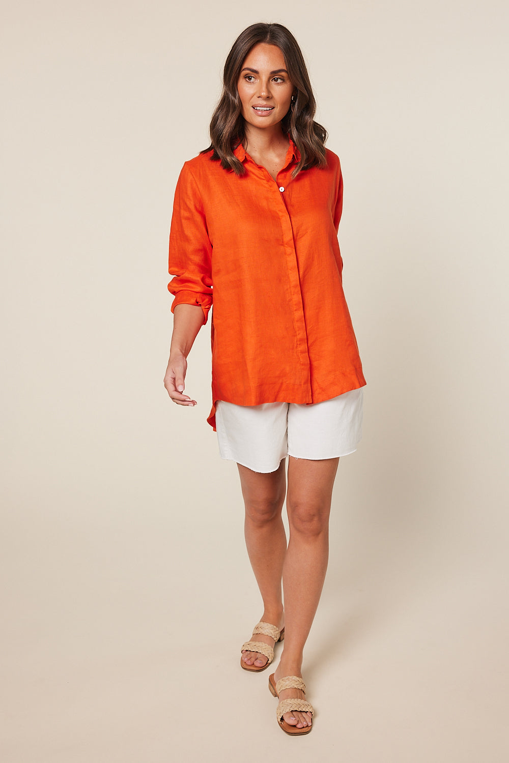 Oversized Linen Boyfriend Shirt in Tangerine