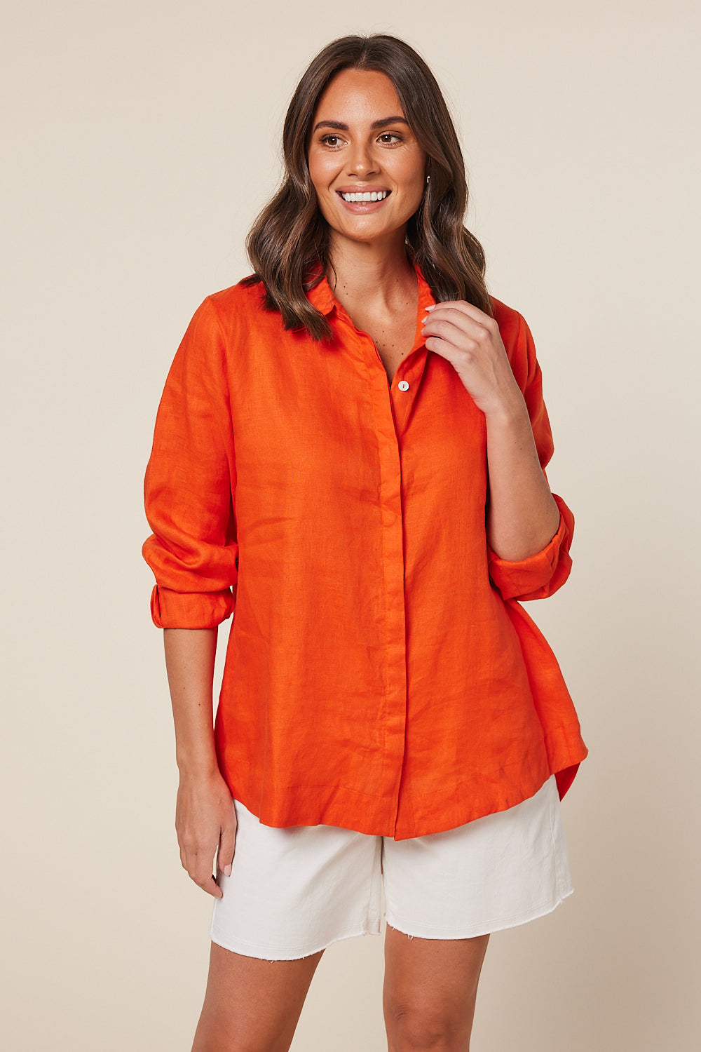 Oversized Linen Boyfriend Shirt in Tangerine