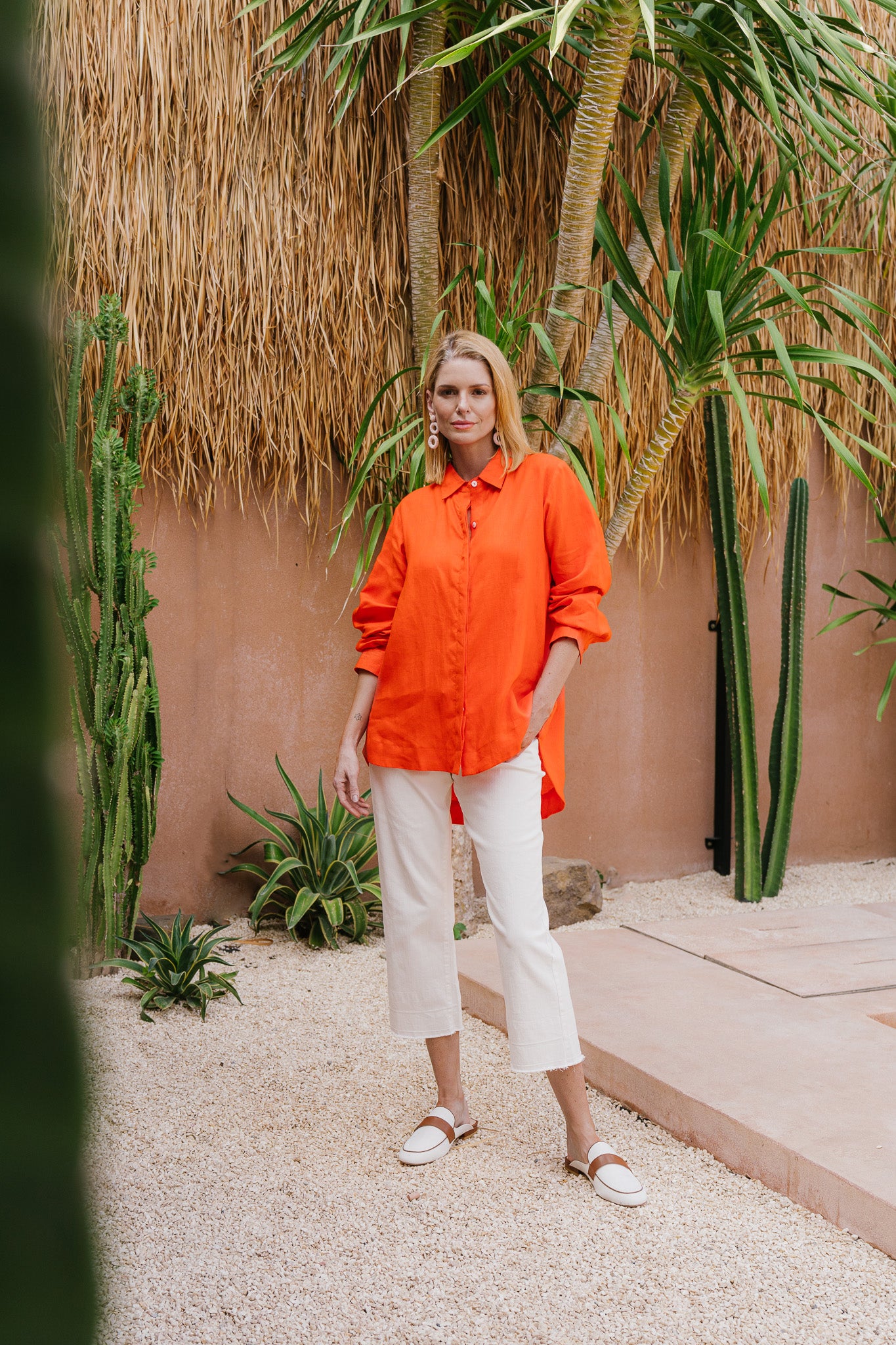 Oversized Linen Boyfriend Shirt in Tangerine