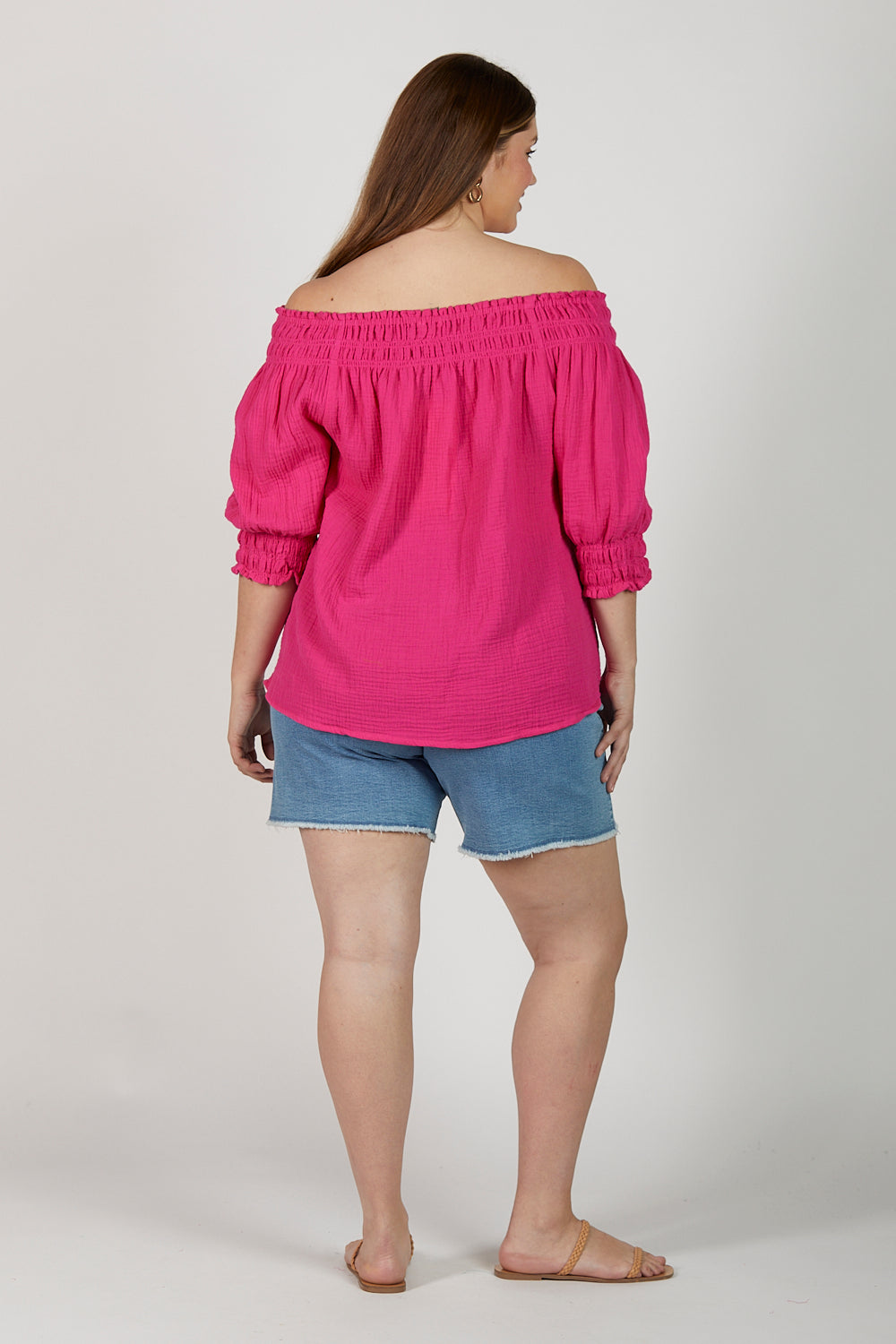 Poppy Crinkle Cotton Off The Shoulder Top in Pink Glo