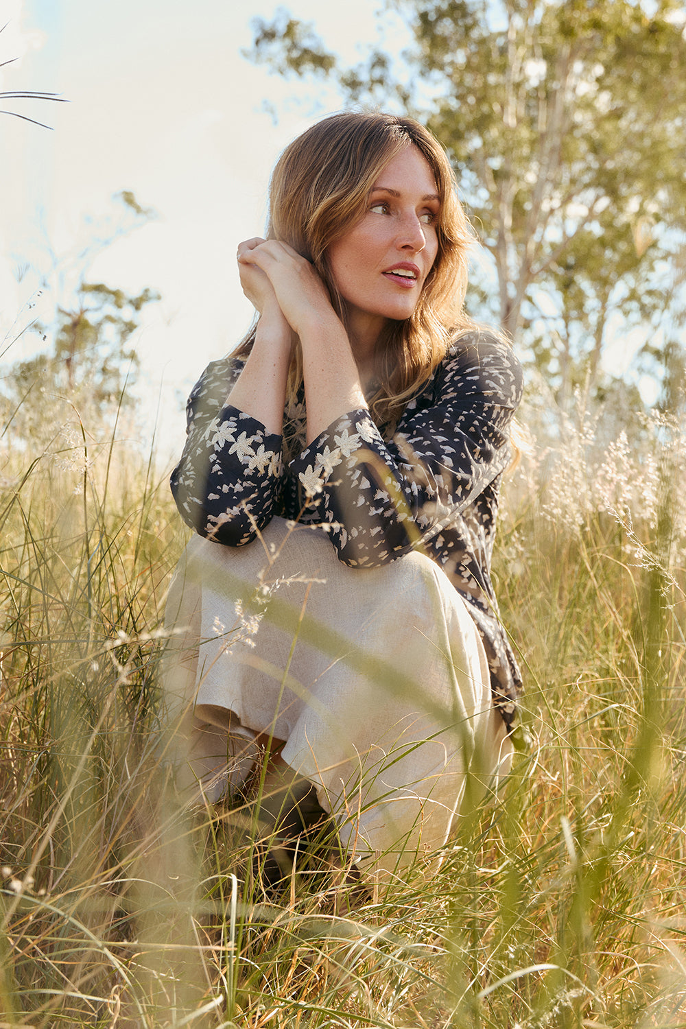 Rani Embroidered Blouse in Wild Jasmine with side hem splits, light enough to layer, Adrift Clothing