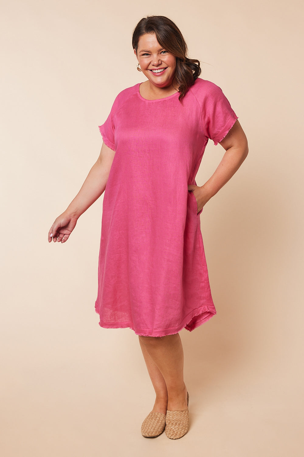 Reanna Linen Shift Dress in Hot Pink