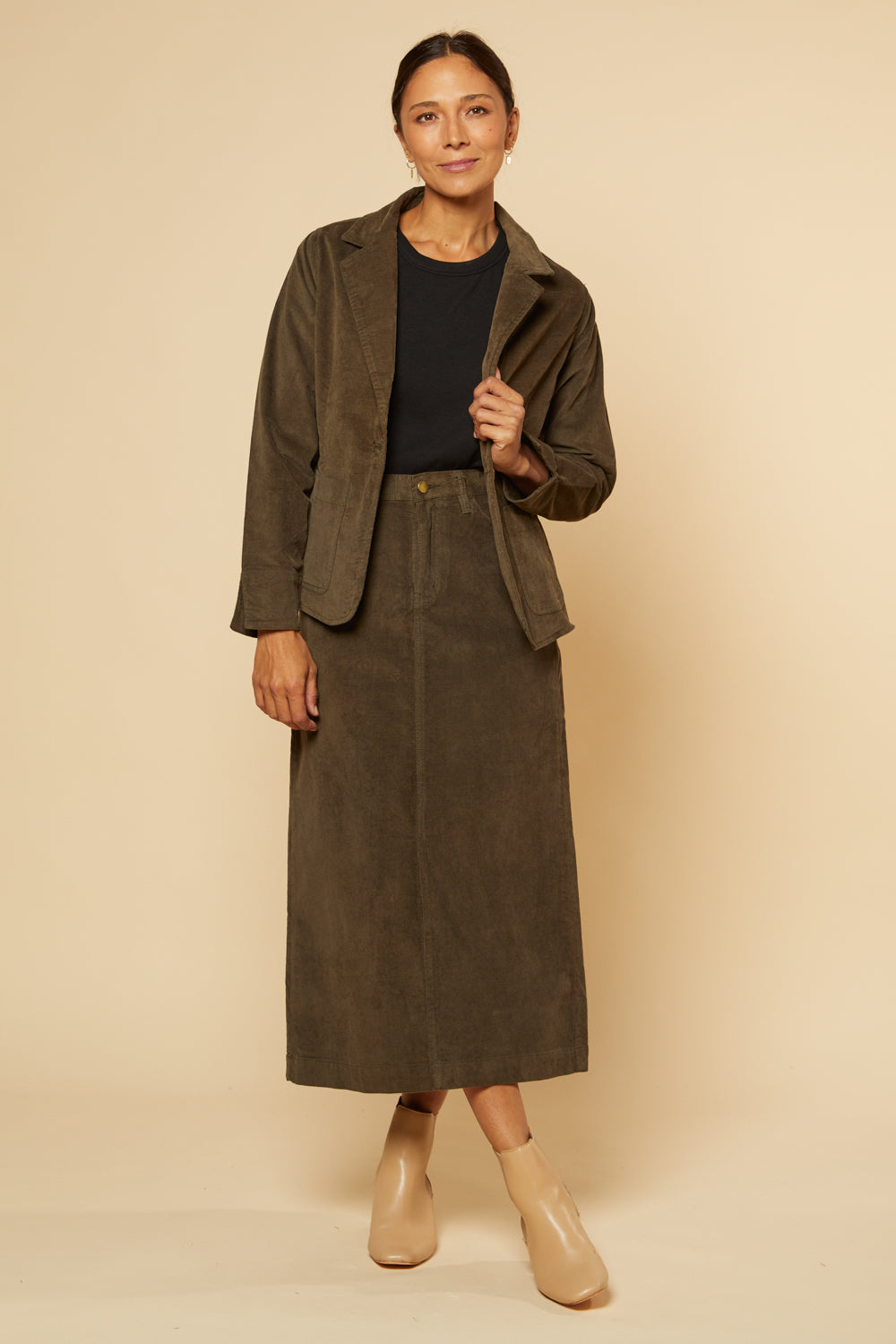 Adrift A-Line Brushed Cotton Skirt in Olive