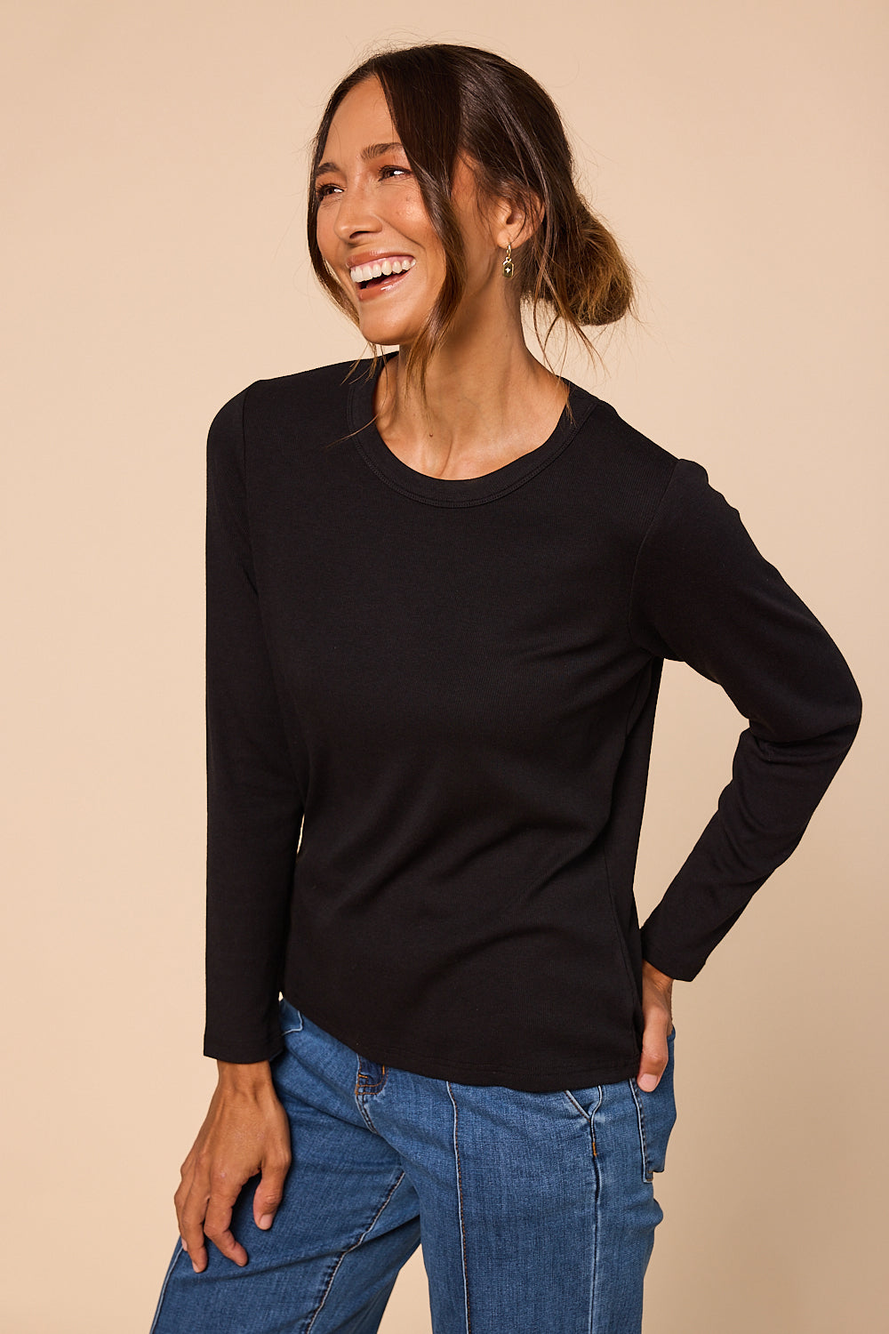 Adrift Ribbed Long Sleeve Tee in Black