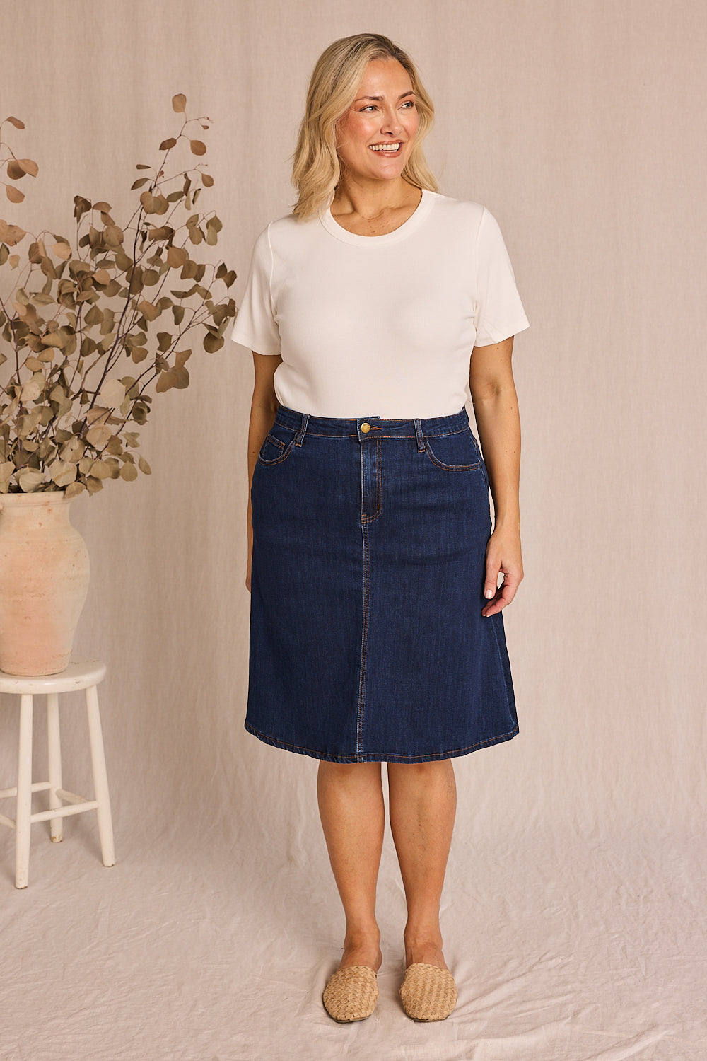 Adrift Denim Short A-Line Skirt in Mid Wash