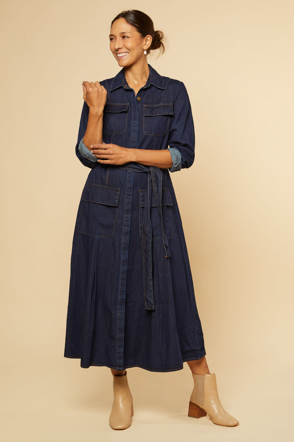 River Chambray Pocket Dress in Dark Wash