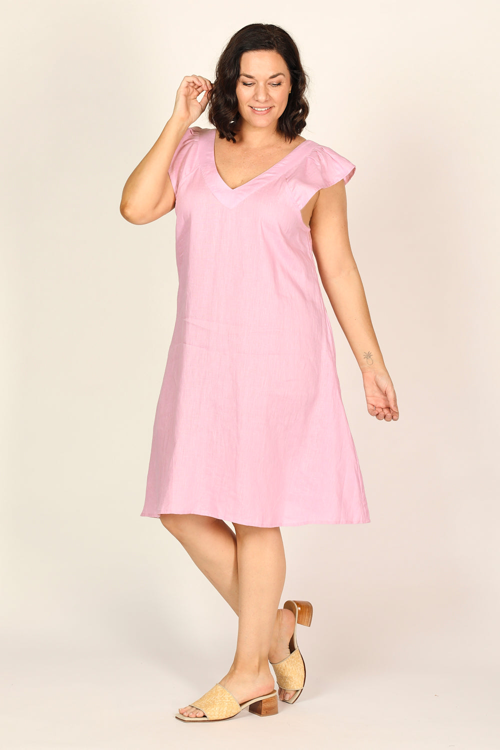 Rivka Frill Sleeve Linen Short Dress in Peony