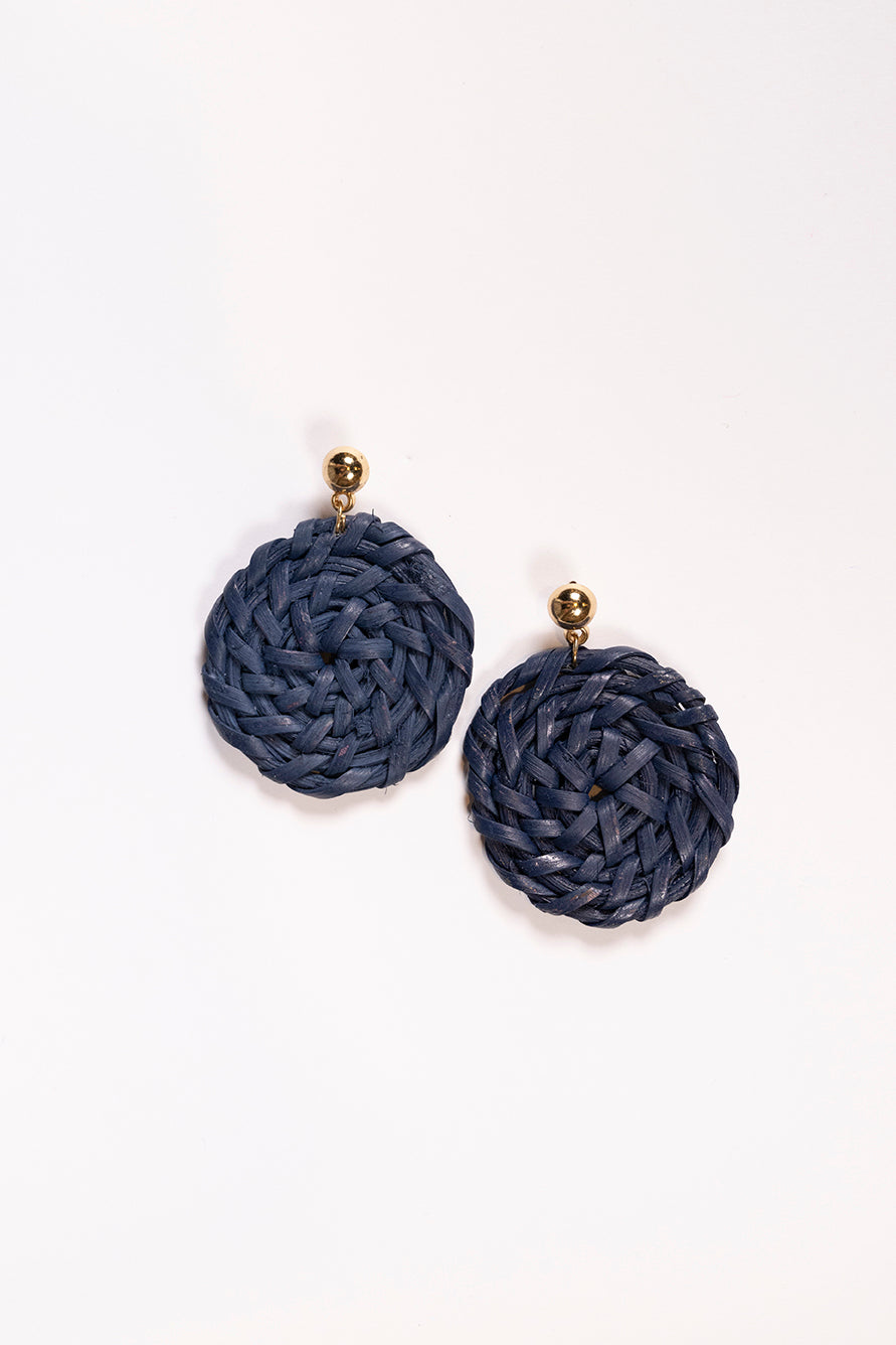 Round Raffia Earrings in Navy