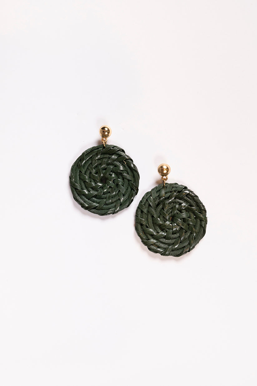 Round Raffia Earrings in Olive