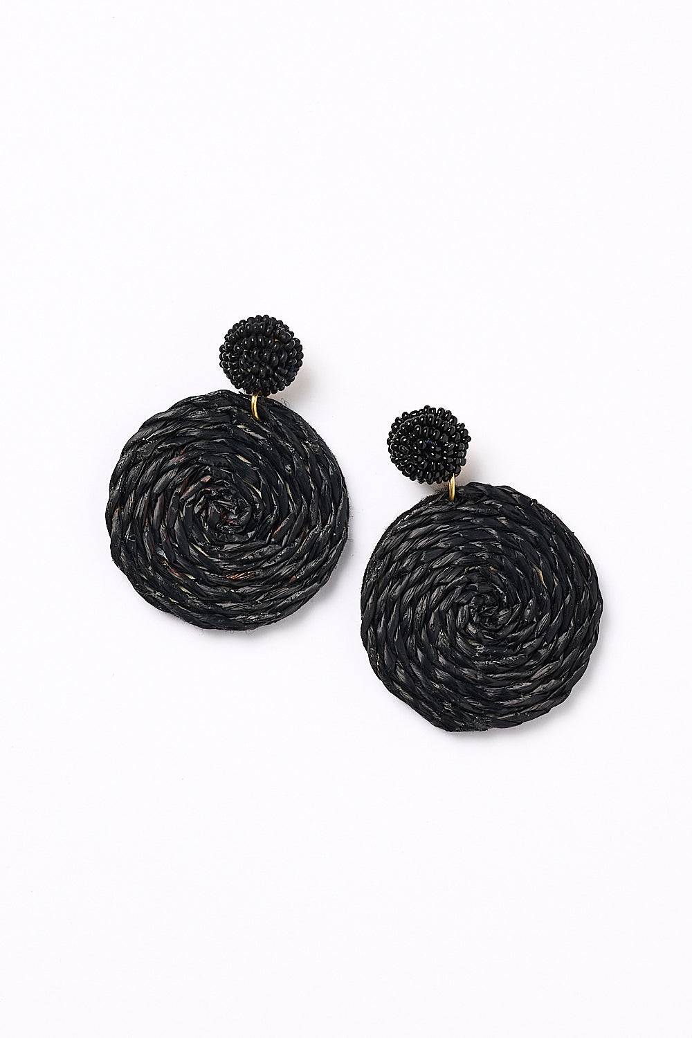 Round Beaded and Woven Earrings in Black