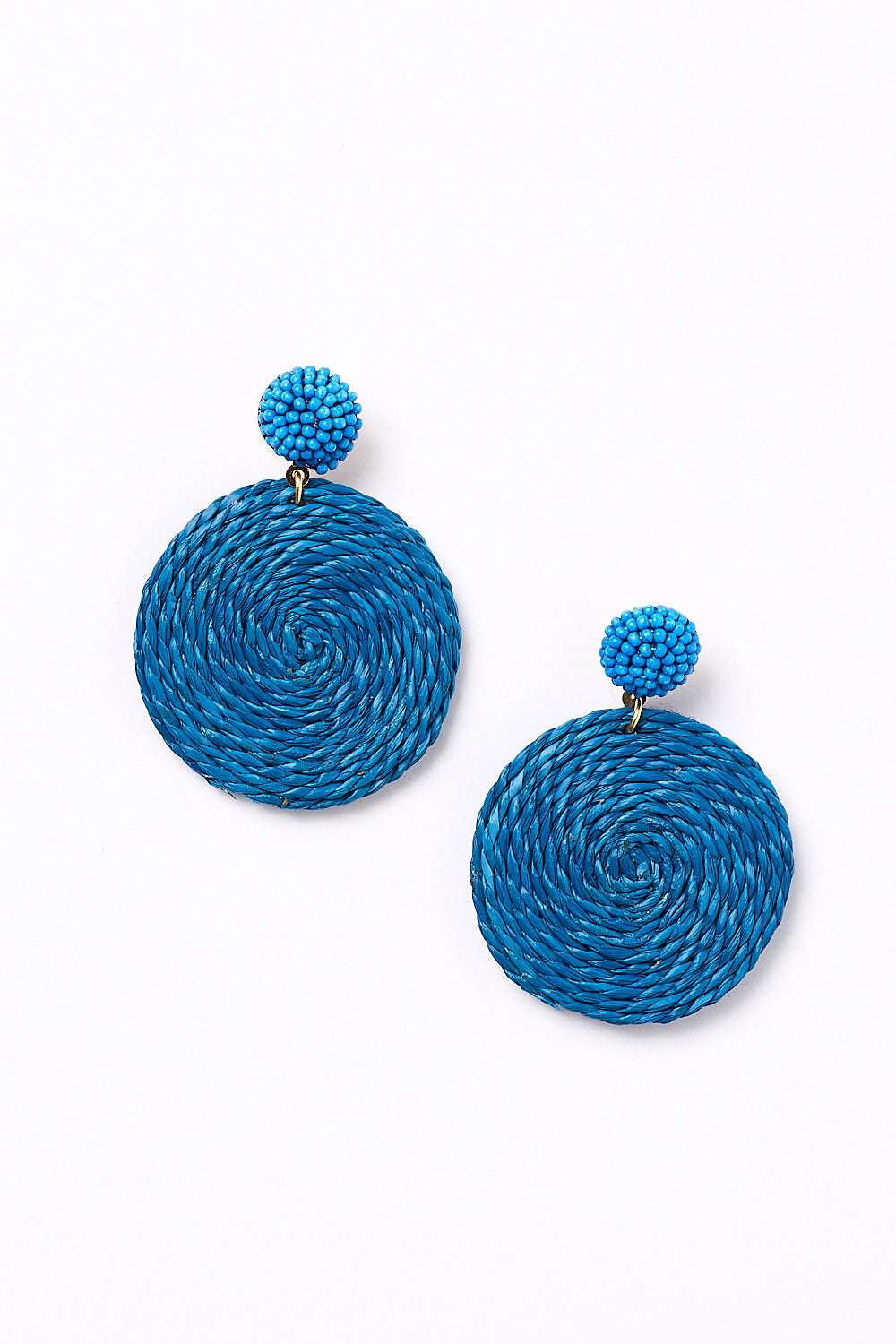 Round Beaded and Woven Earrings in Blue