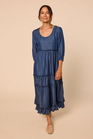 Denim by Adrift Sabre Frill 3/4 Sleeve Maxi Tencel Dress in Mid Wash ...