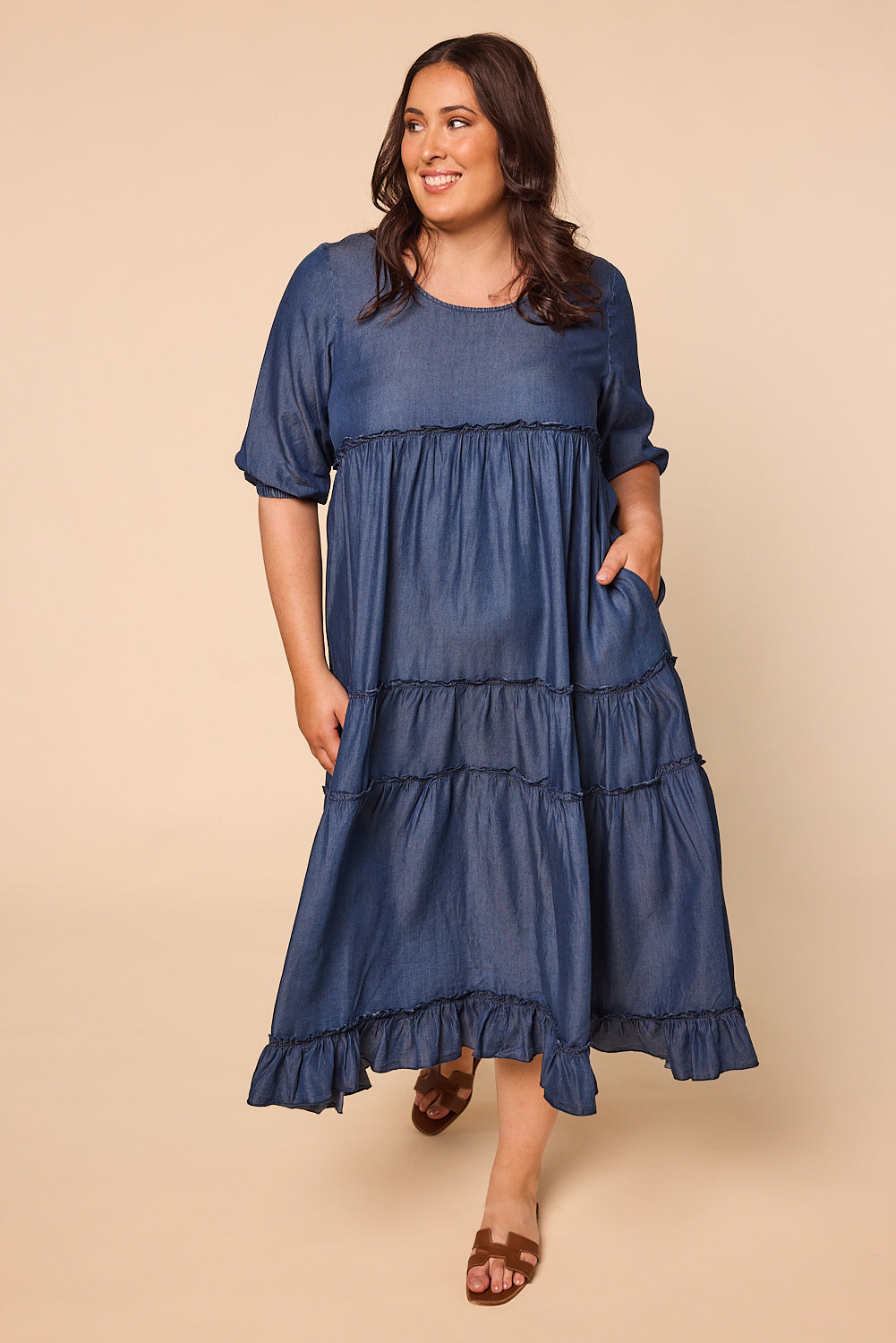 Sabre Frill 3/4 Sleeve Maxi Tencel Dress in Mid Wash