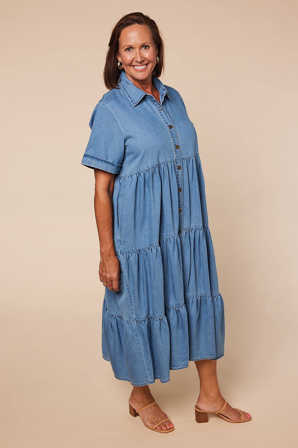 Sabre Chambray Button Through Dress in Light Wash