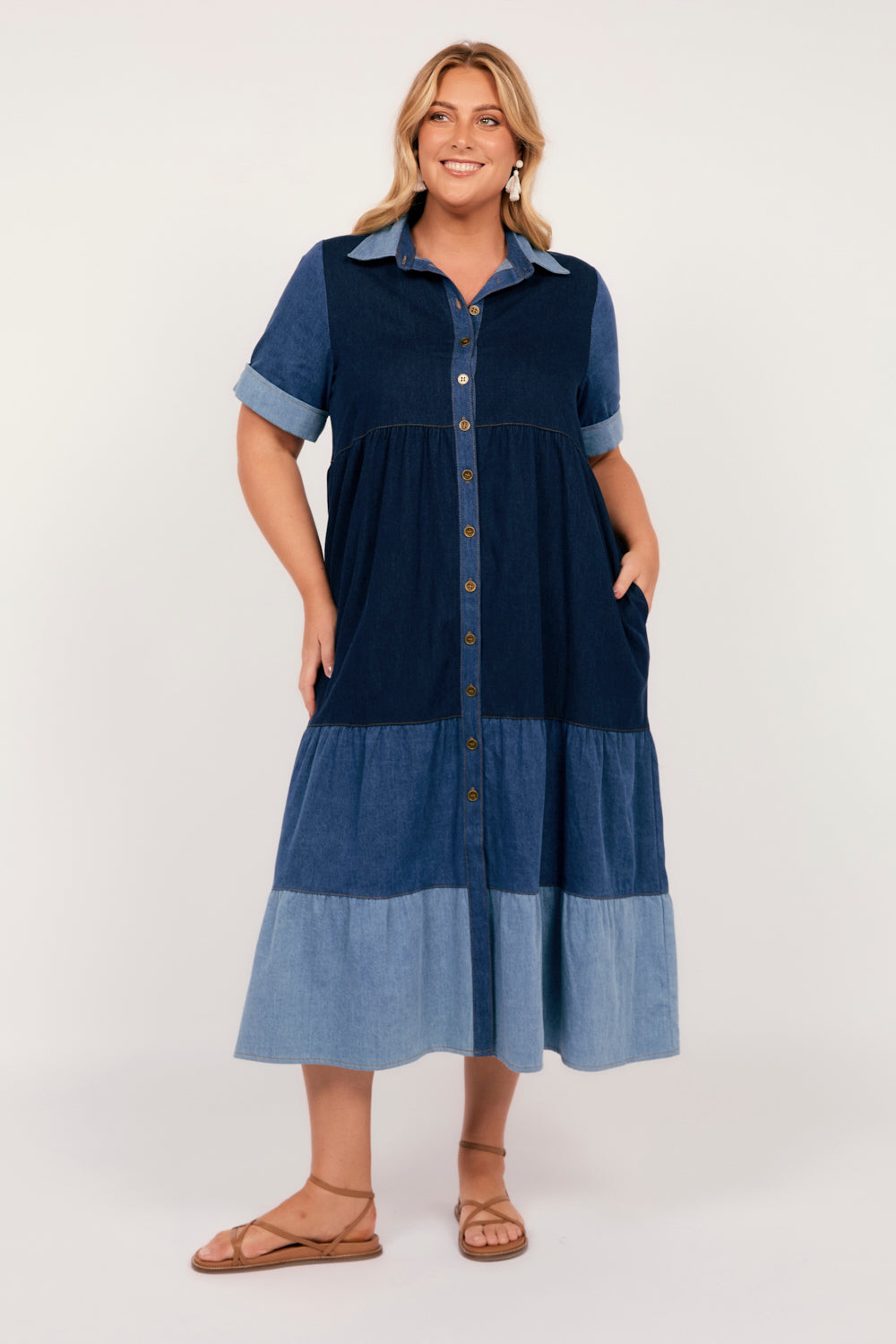 Sabre Denim Collared Dress in Patchwork