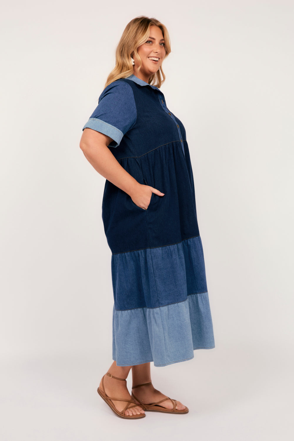 Sabre Denim Collared Dress in Patchwork