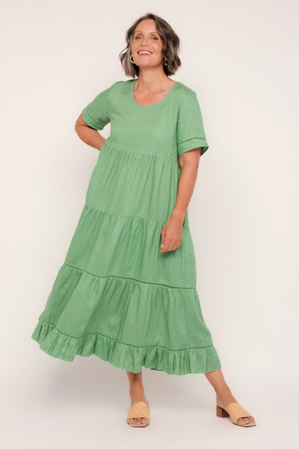 Sabre Linen Lace Trimmed Dress in Jadesheen