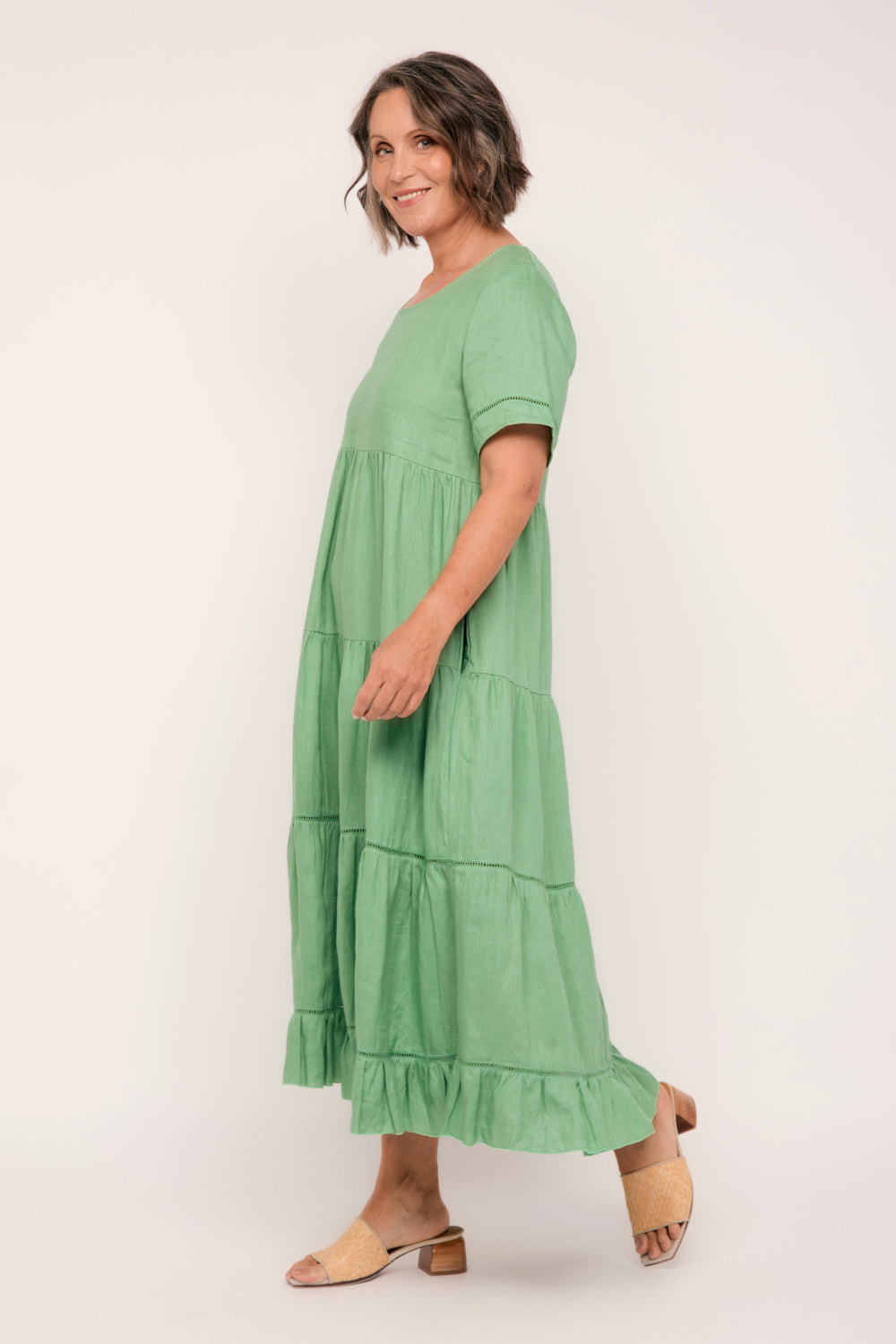 Sabre Linen Lace Trimmed Dress in Jadesheen