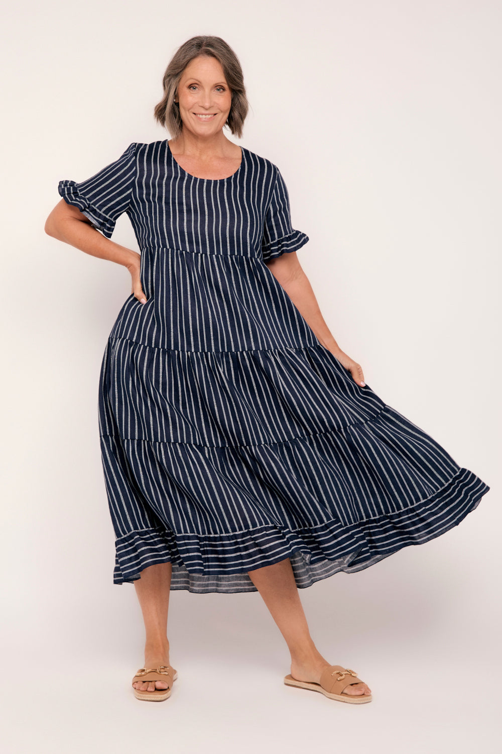 Sabre Linen Frill Dress in Boathouse