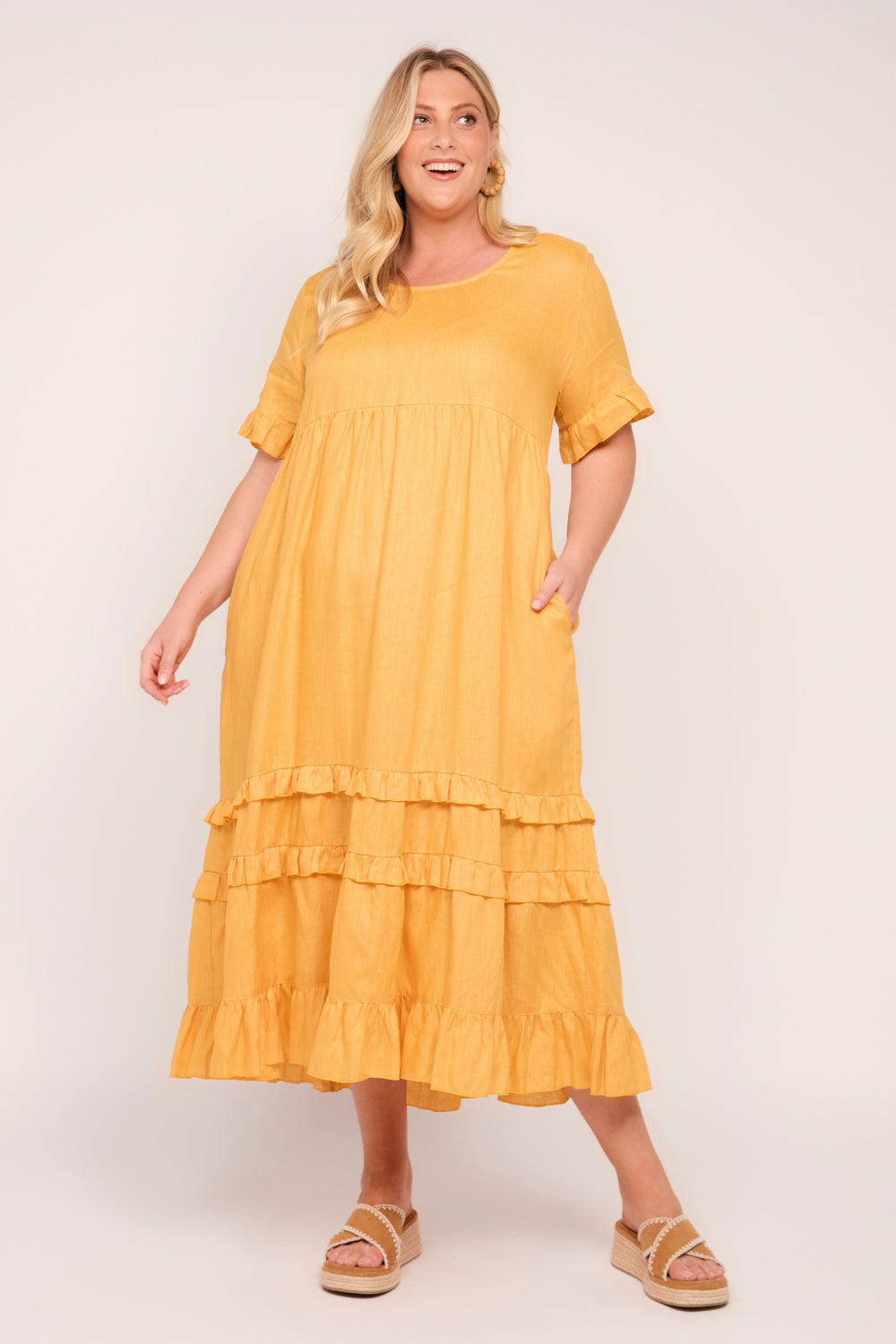 Sabre Linen Frill Dress in Golden Hour