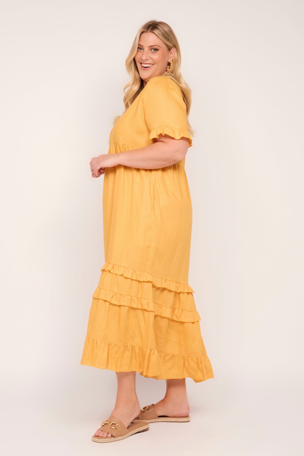 Sabre Linen Frill Dress in Golden Hour