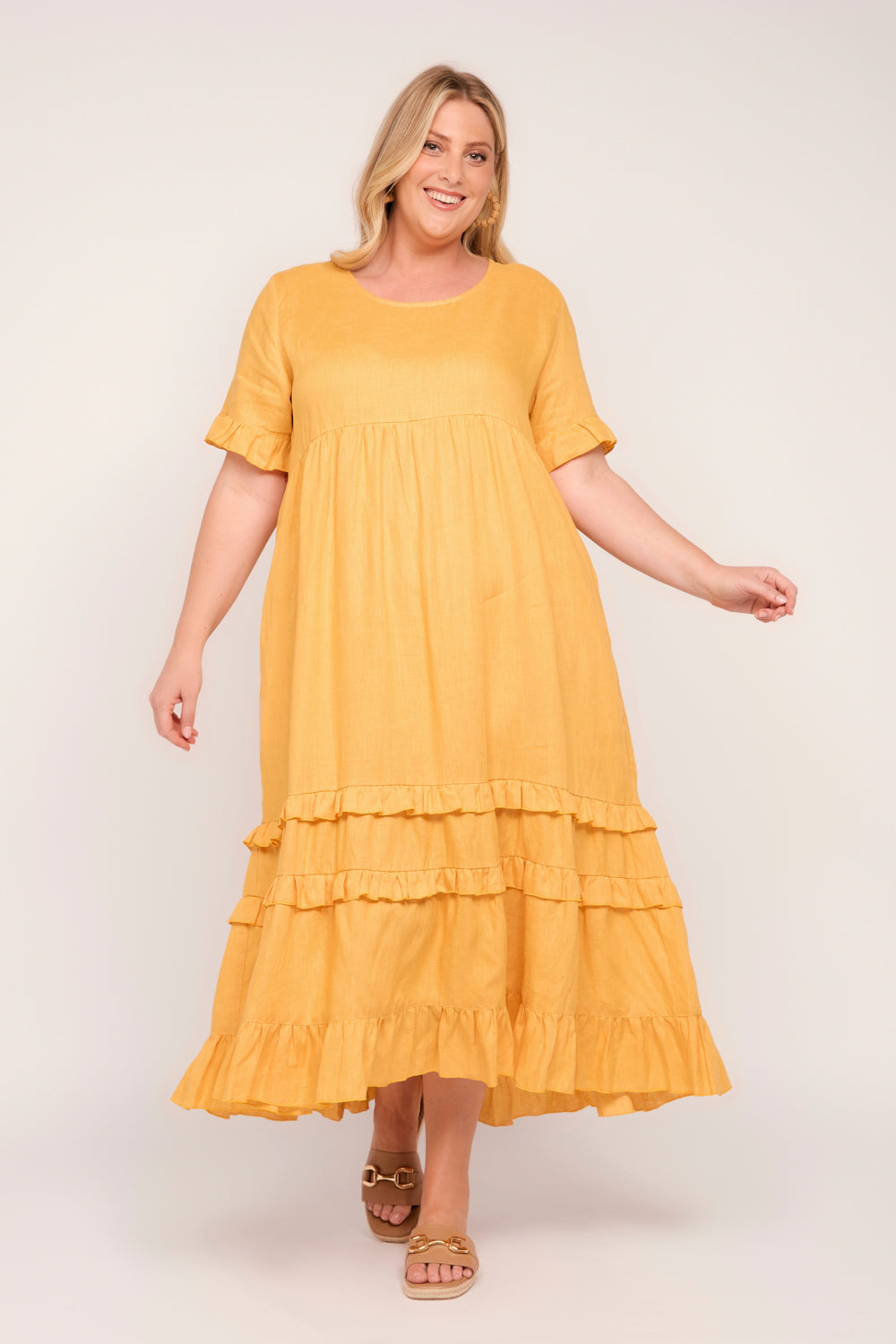 Sabre Linen Frill Dress in Golden Hour