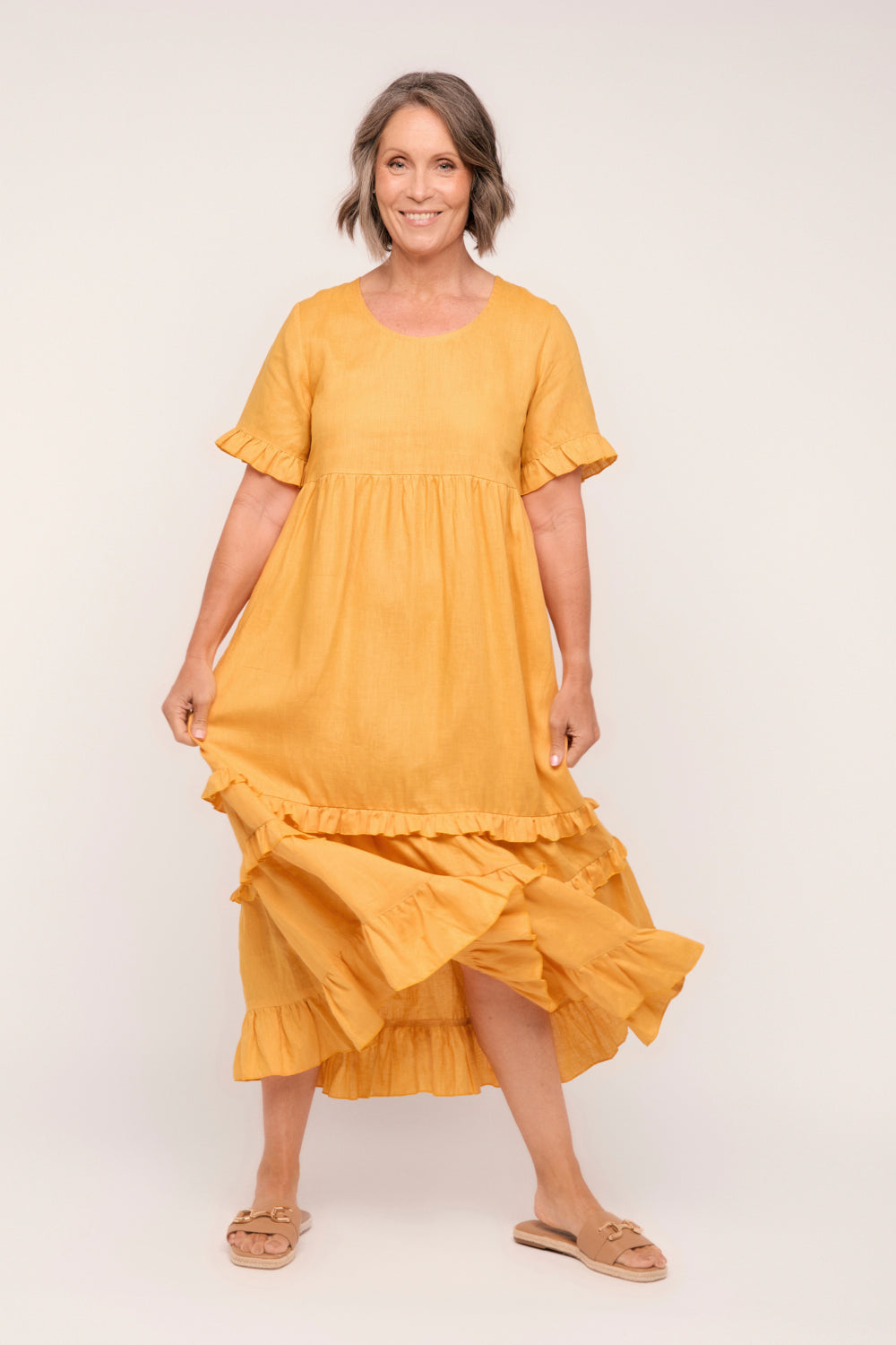 Sabre Linen Frill Dress in Golden Hour