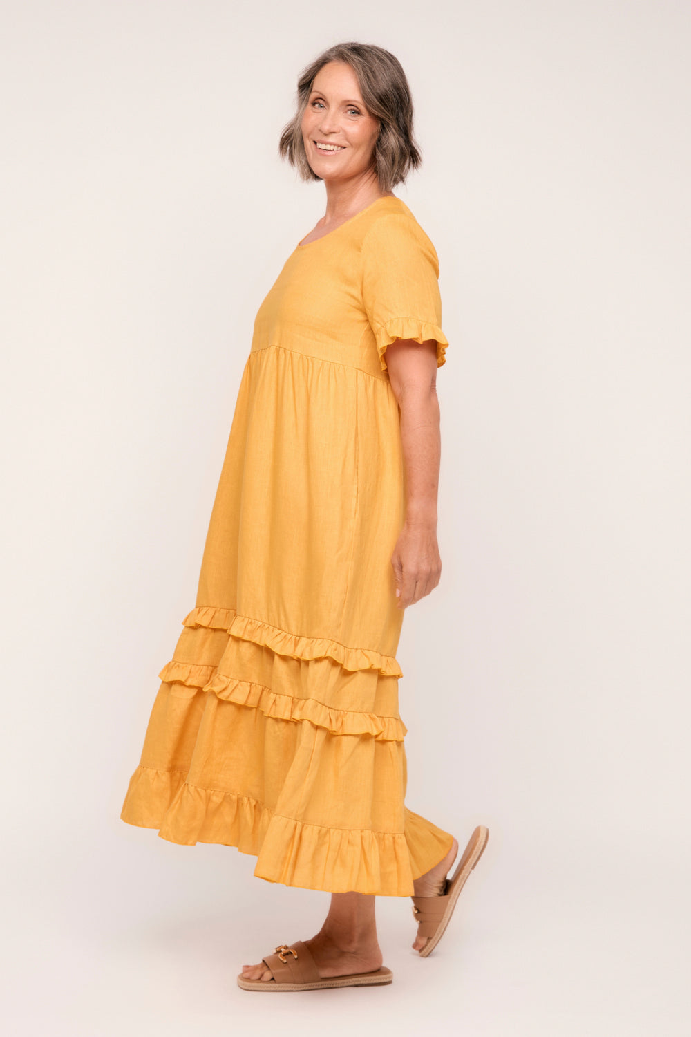 Sabre Linen Frill Dress in Golden Hour