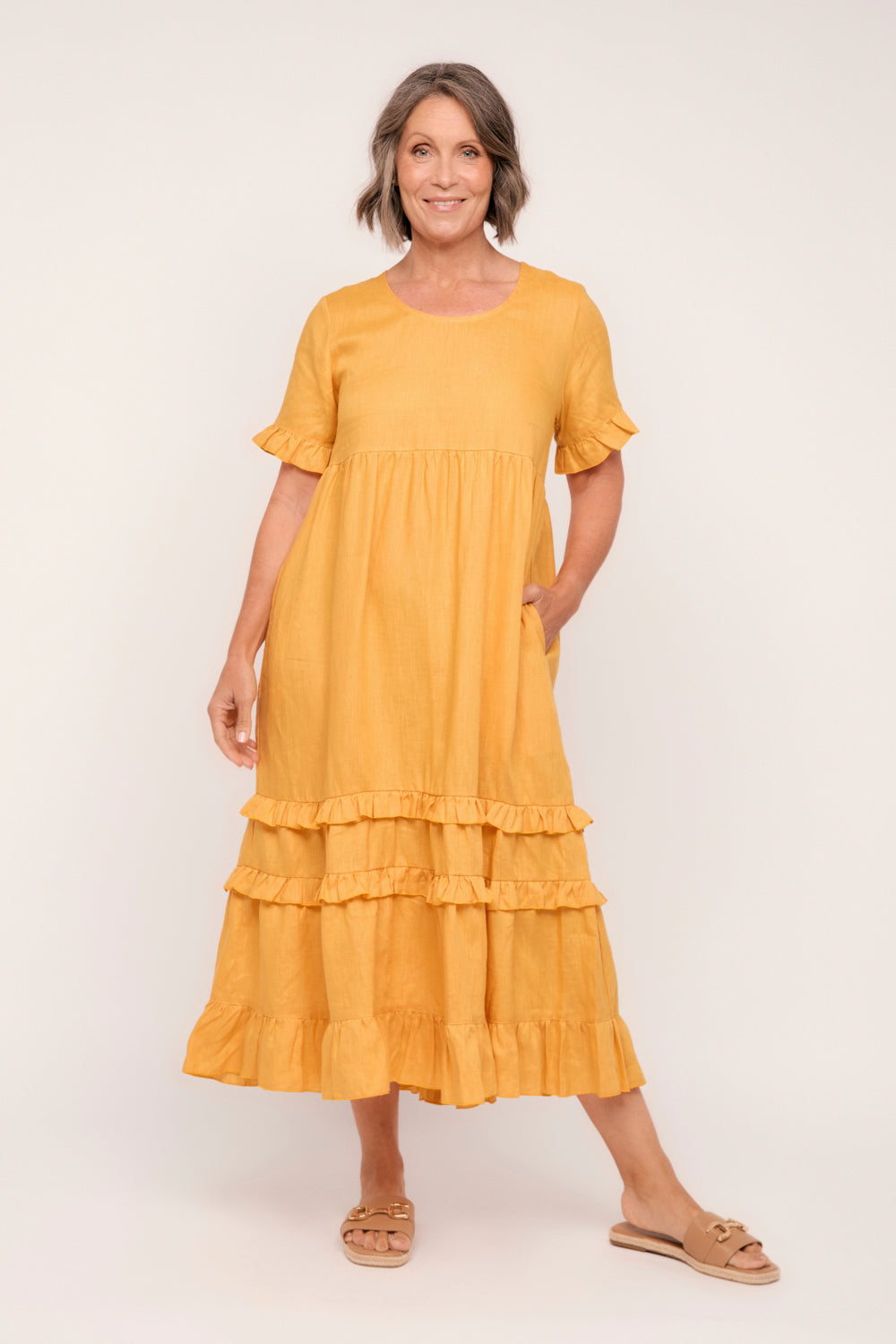 Sabre Linen Frill Dress in Golden Hour