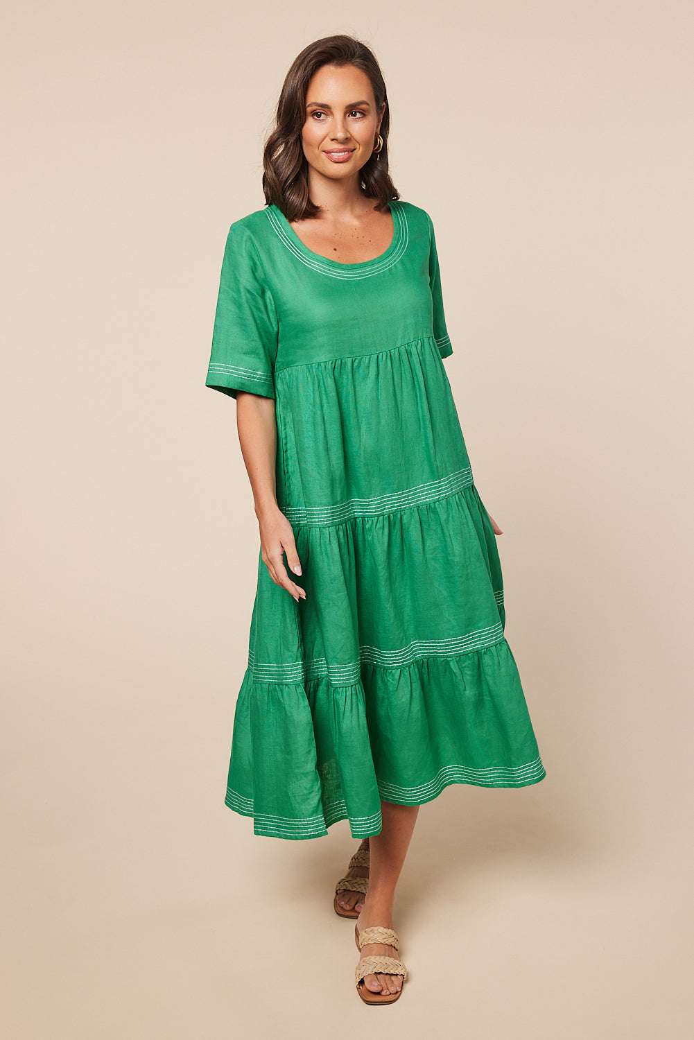 Sabre Linen Midi Dress in Green