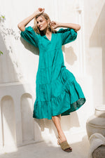 Sabre Linen V-Neck Dress in Emerald