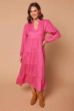 Sabre Linen V-Neck Dress in Hot Pink