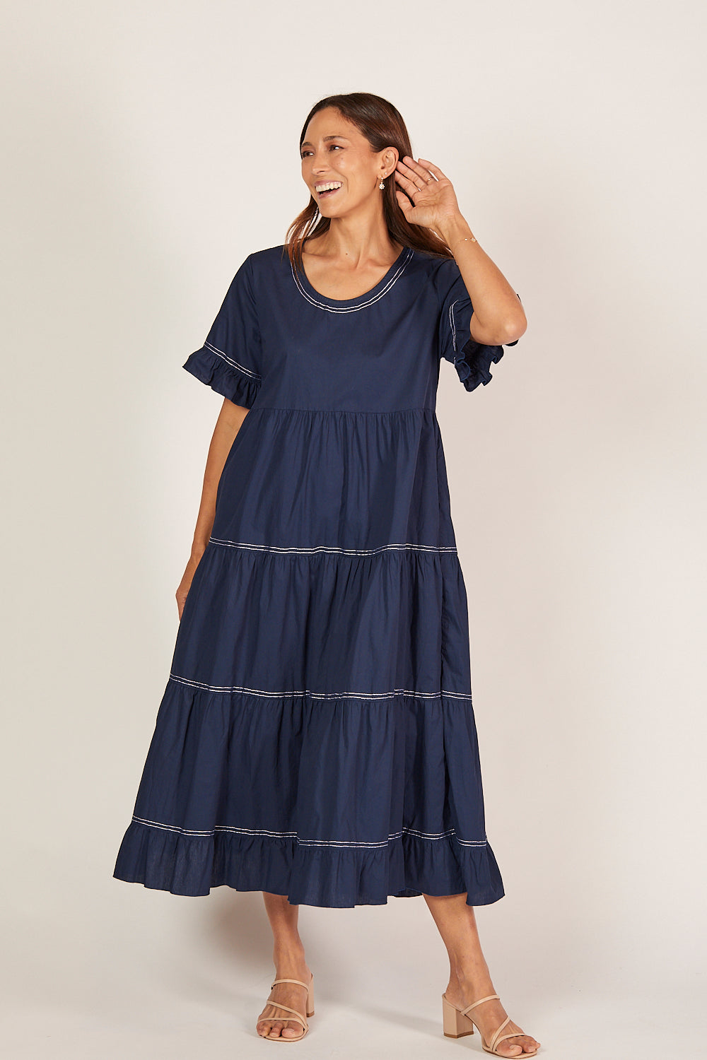 Sabre Poplin Frill Dress in Capri Cove