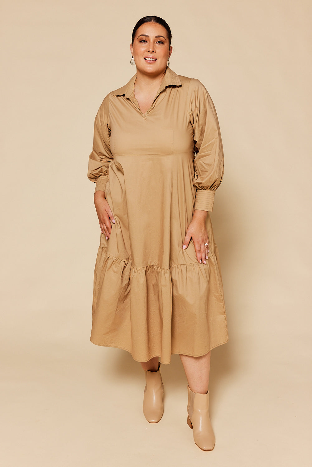 Sabre V-Neck Dress in Camel