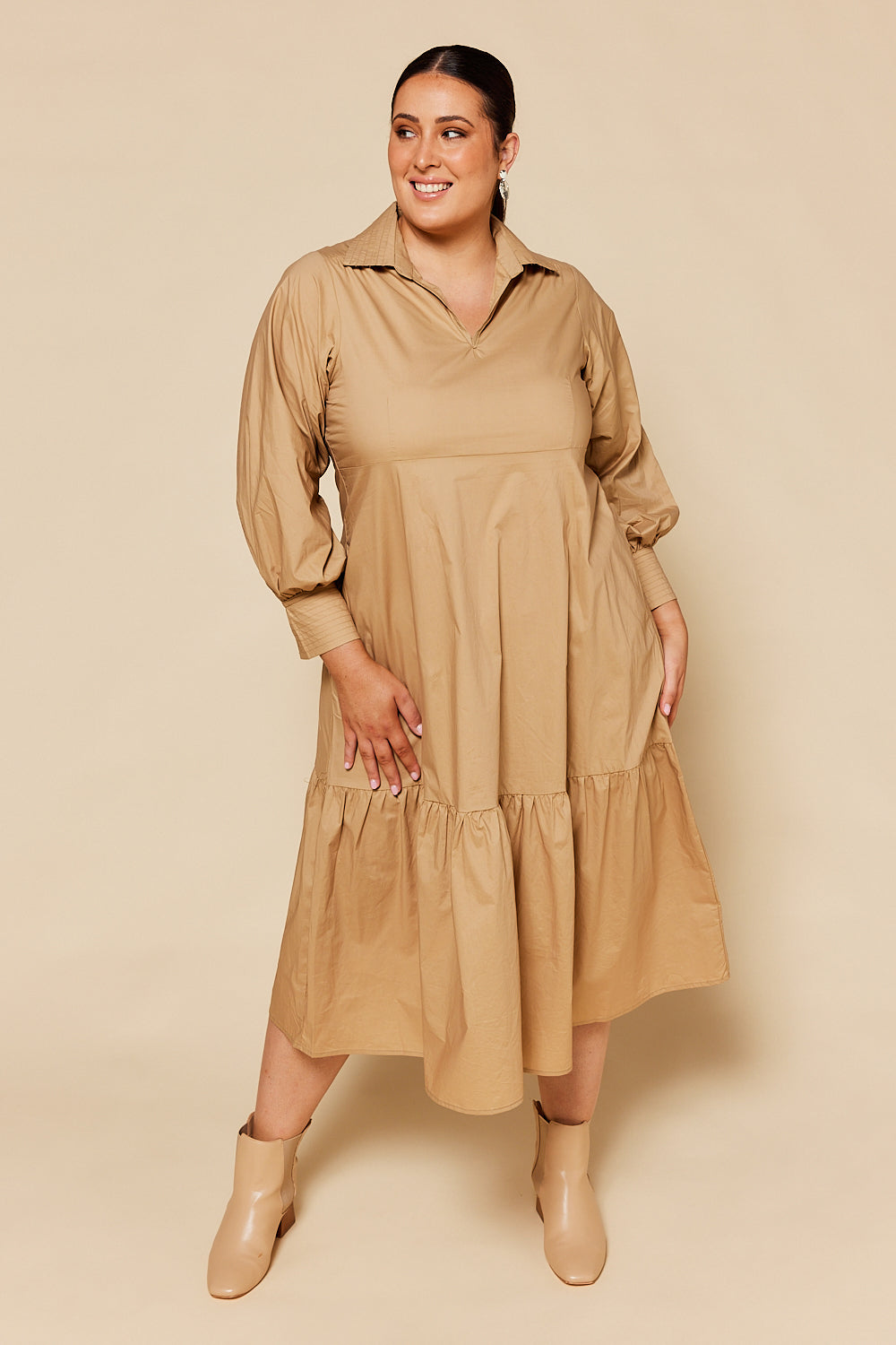 Sabre V-Neck Dress in Camel