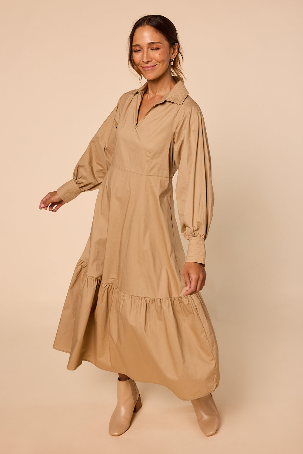 Sabre V-Neck Dress in Camel