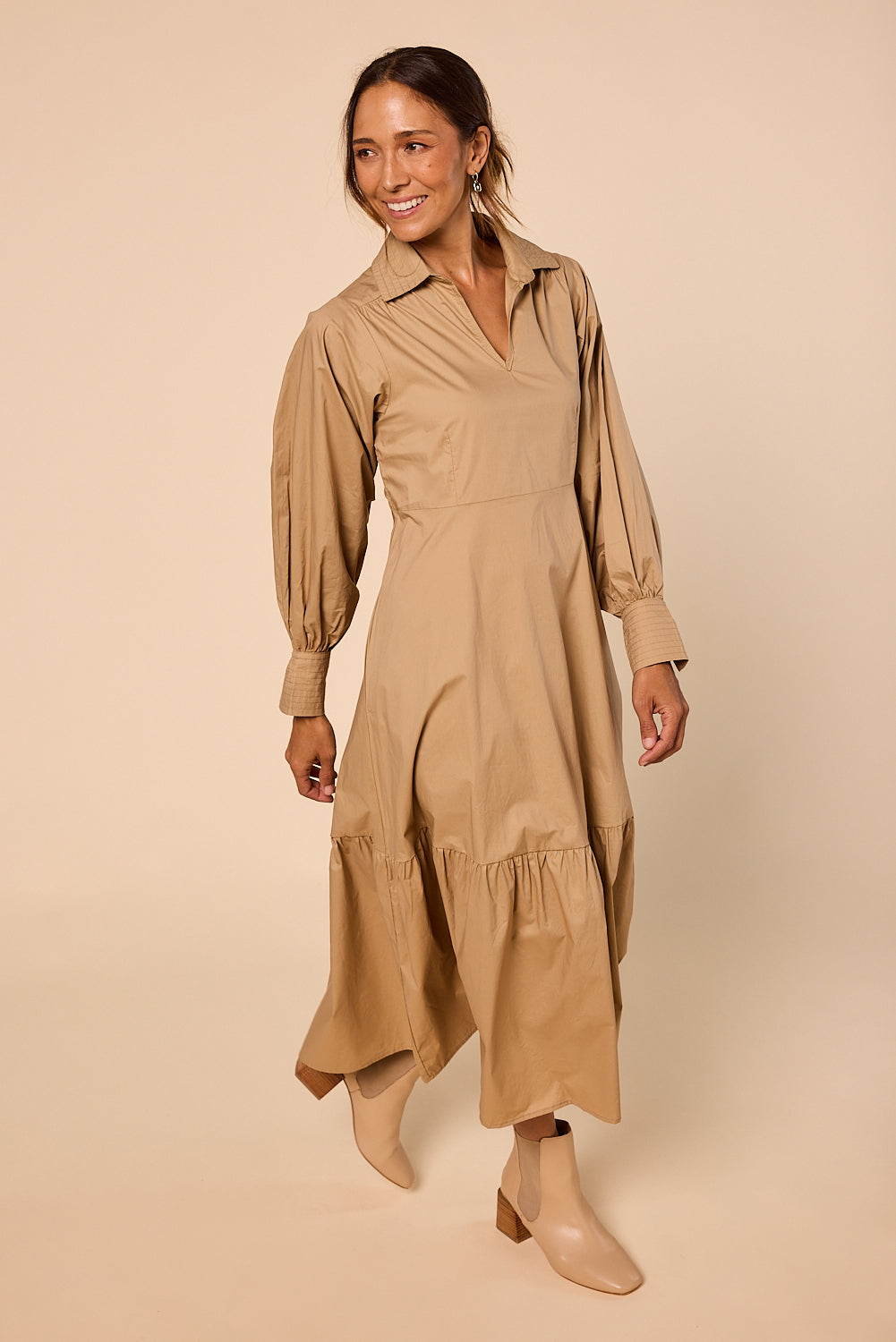 Sabre V-Neck Dress in Camel