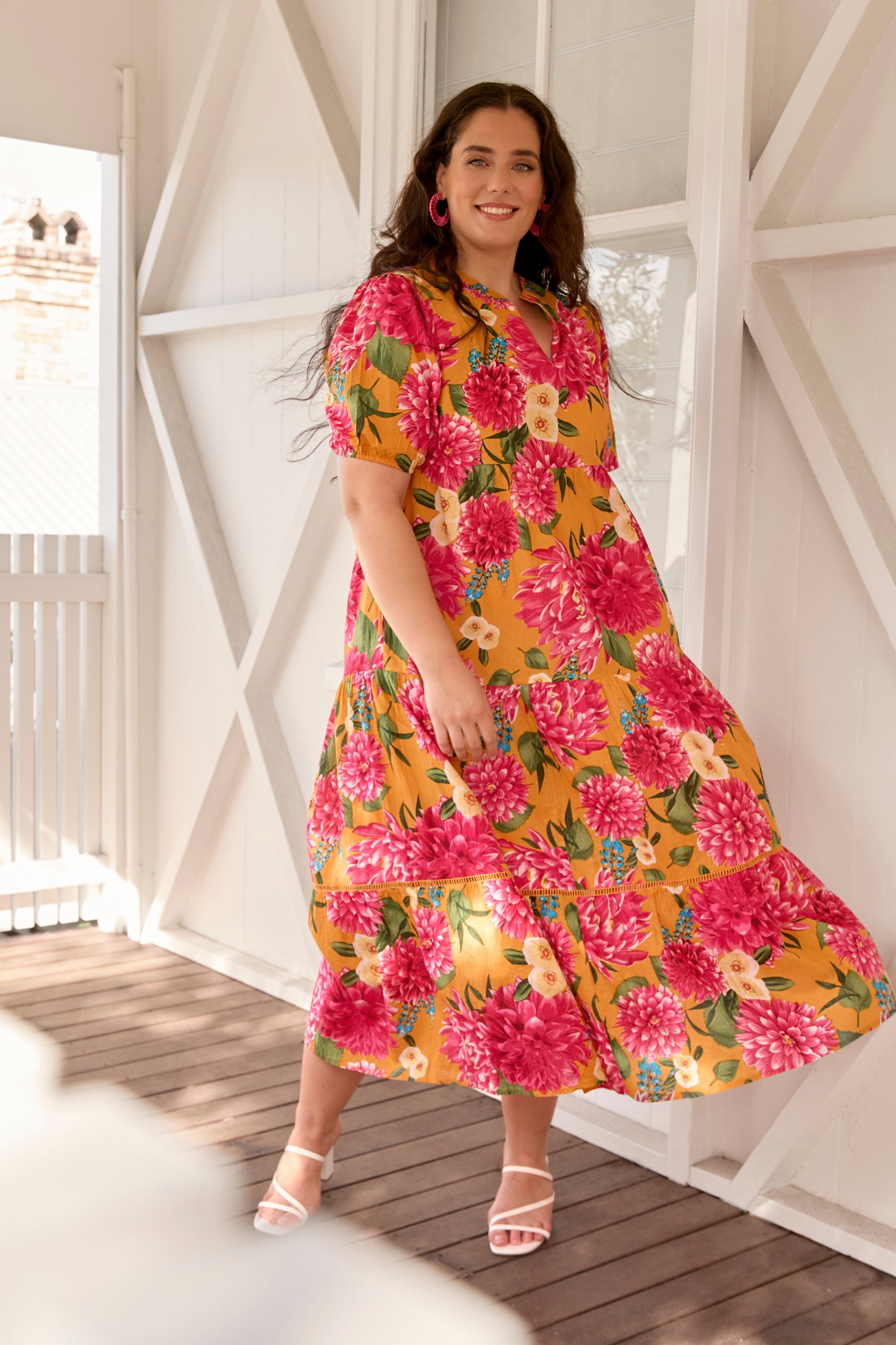 Sabre V-Neck Dress in Dreaming Dahlias