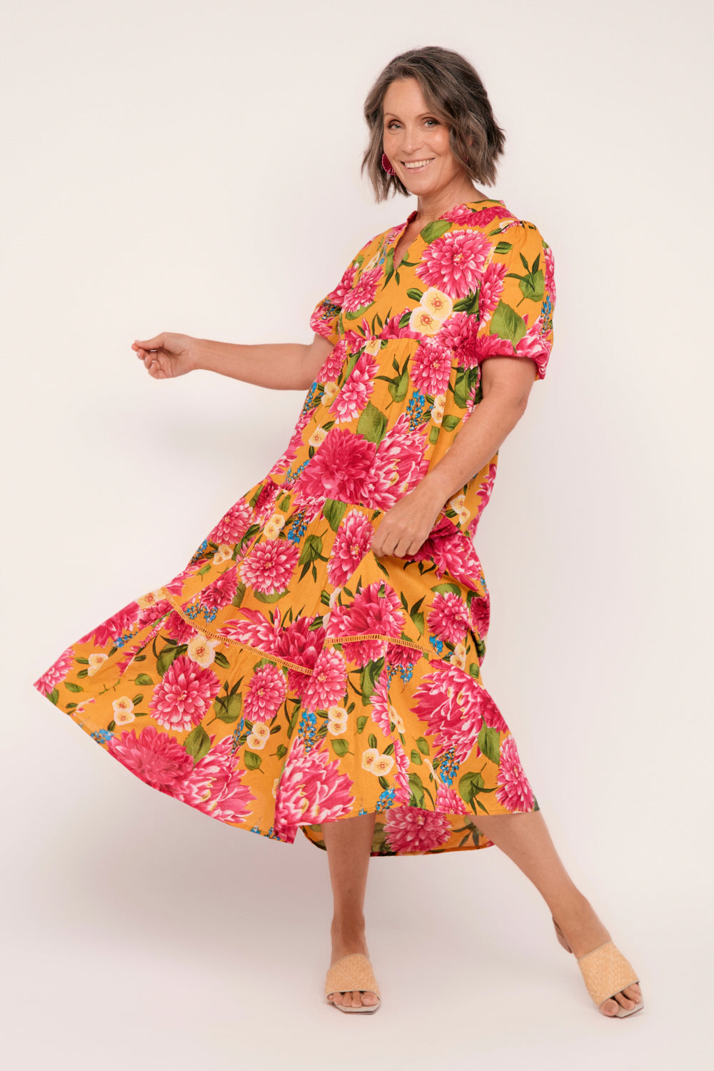 Sabre V-Neck Dress in Dreaming Dahlias