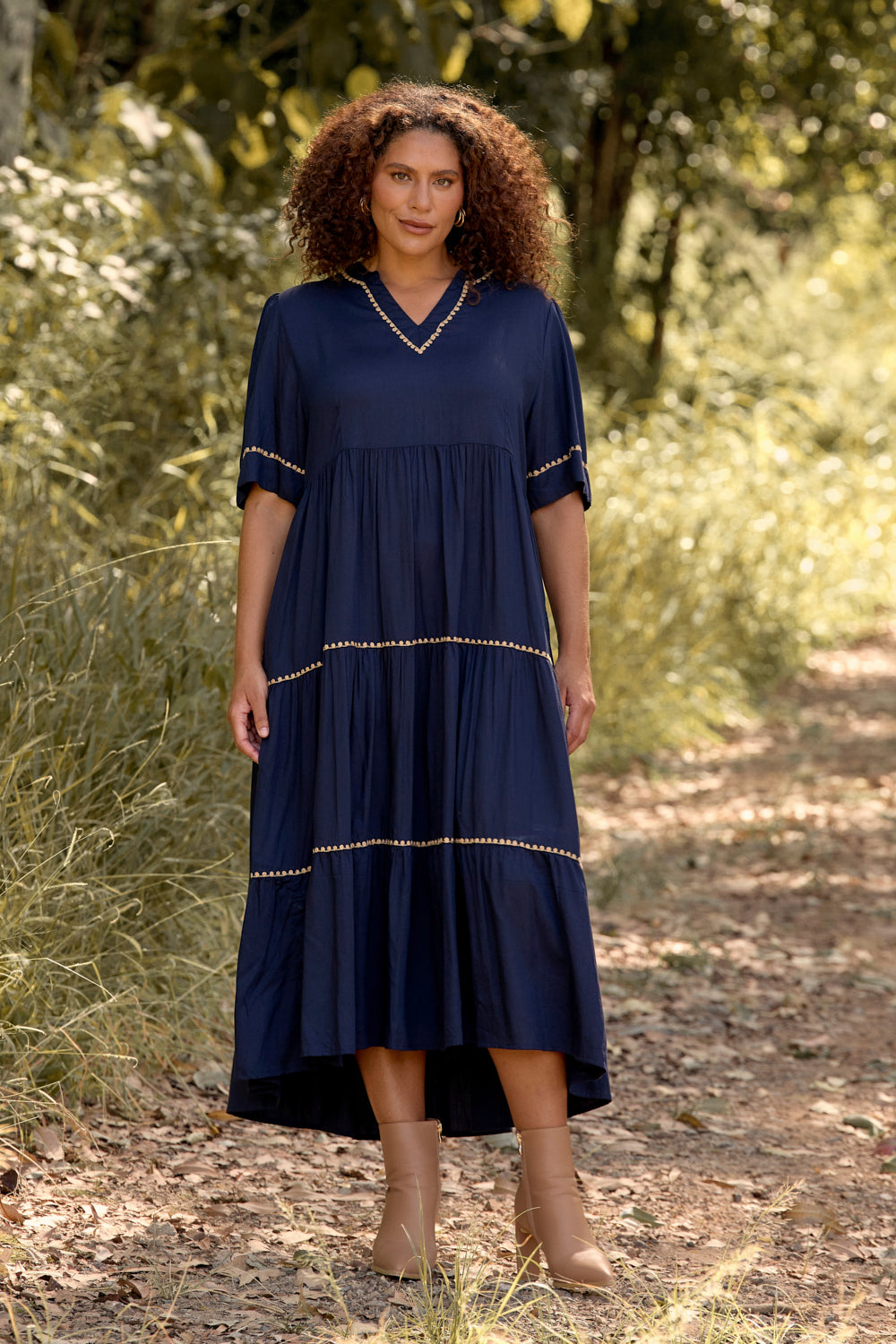 Sabre V-Neck Dress in Navy