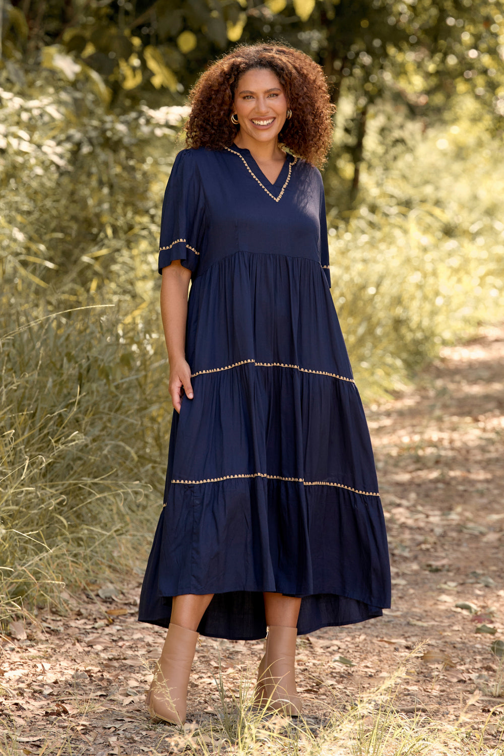 Sabre V-Neck Dress in Navy