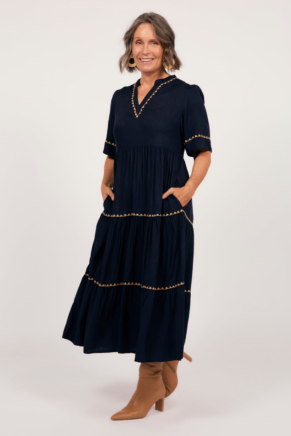 Sabre V-Neck Dress in Navy