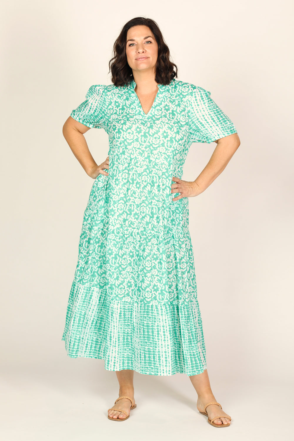 Sabre V-Neck Dress in Shibori Turquoise