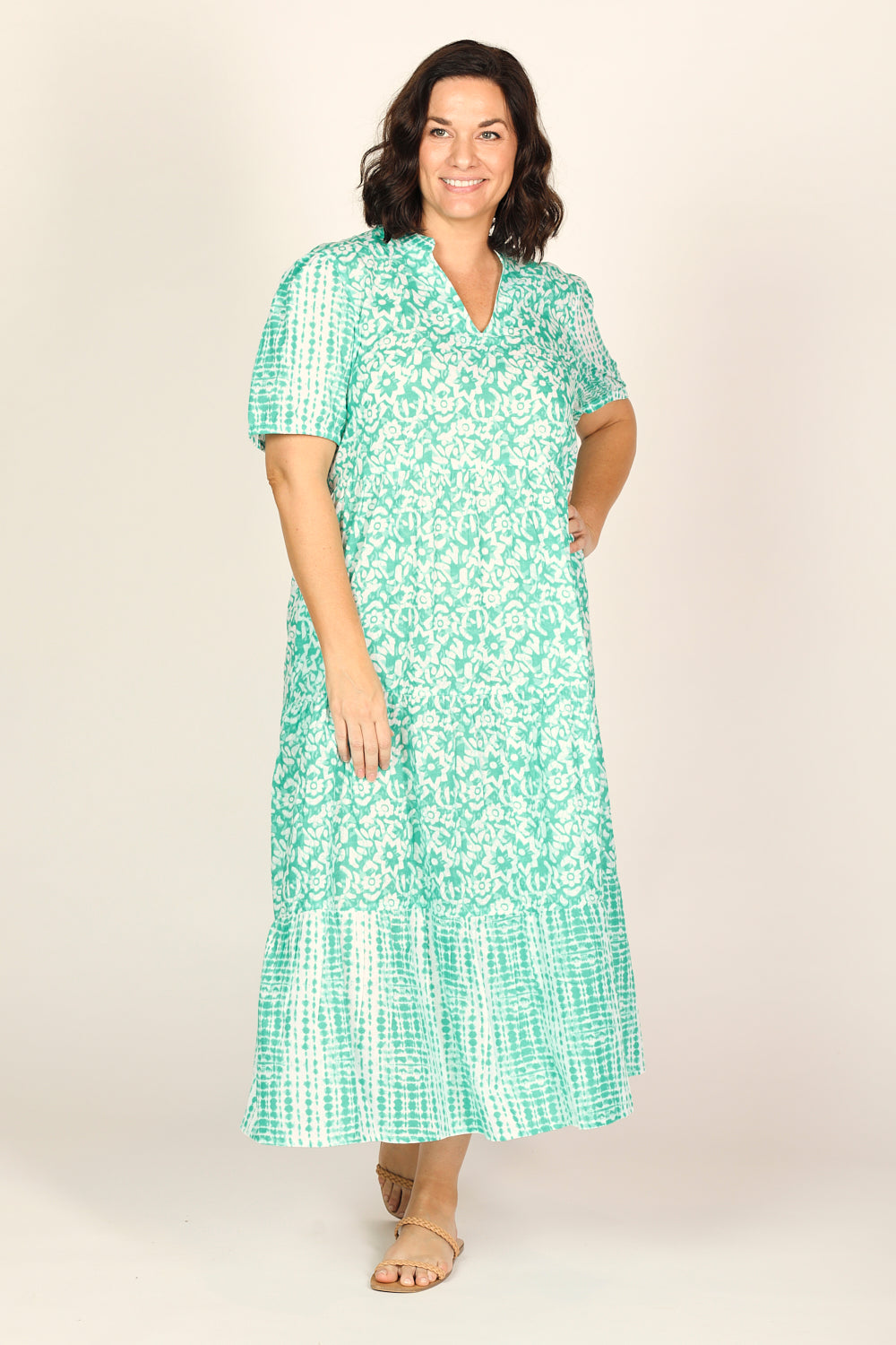 Sabre V-Neck Dress in Shibori Turquoise