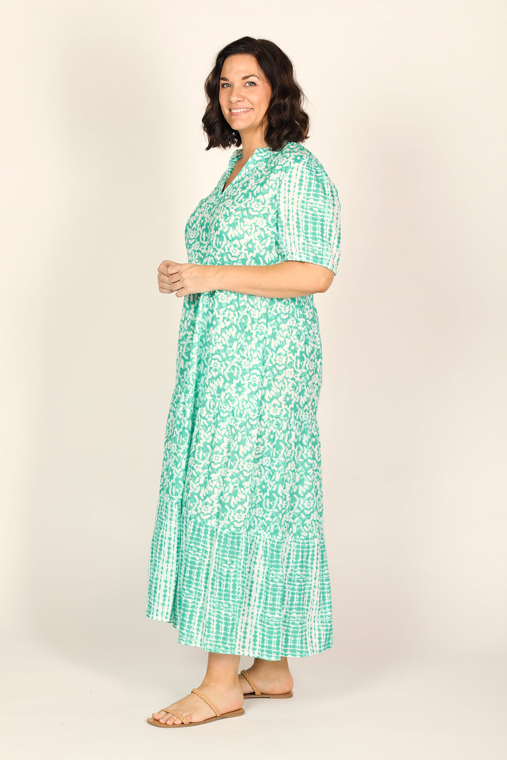 Sabre V-Neck Dress in Shibori Turquoise