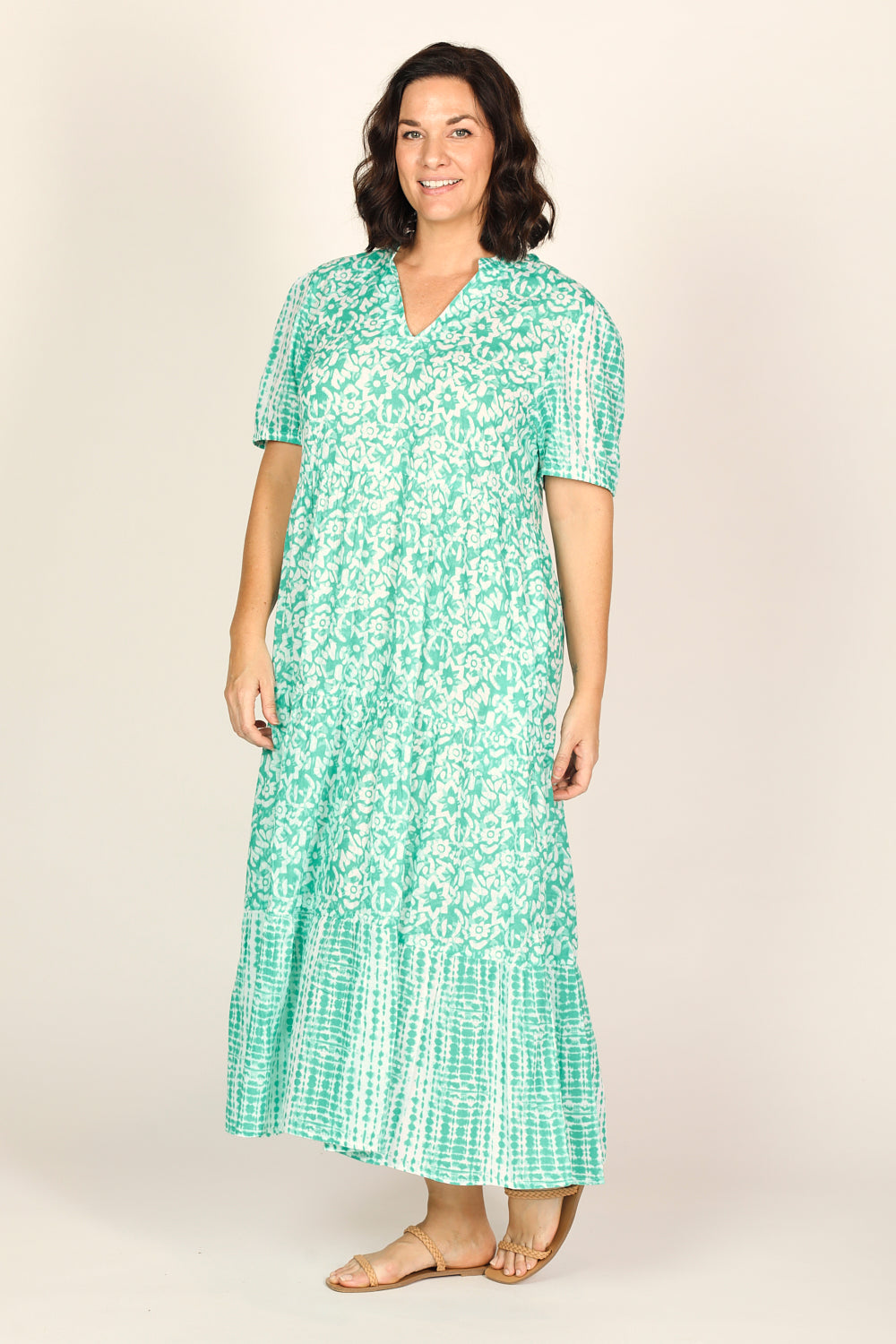 Sabre V-Neck Dress in Shibori Turquoise